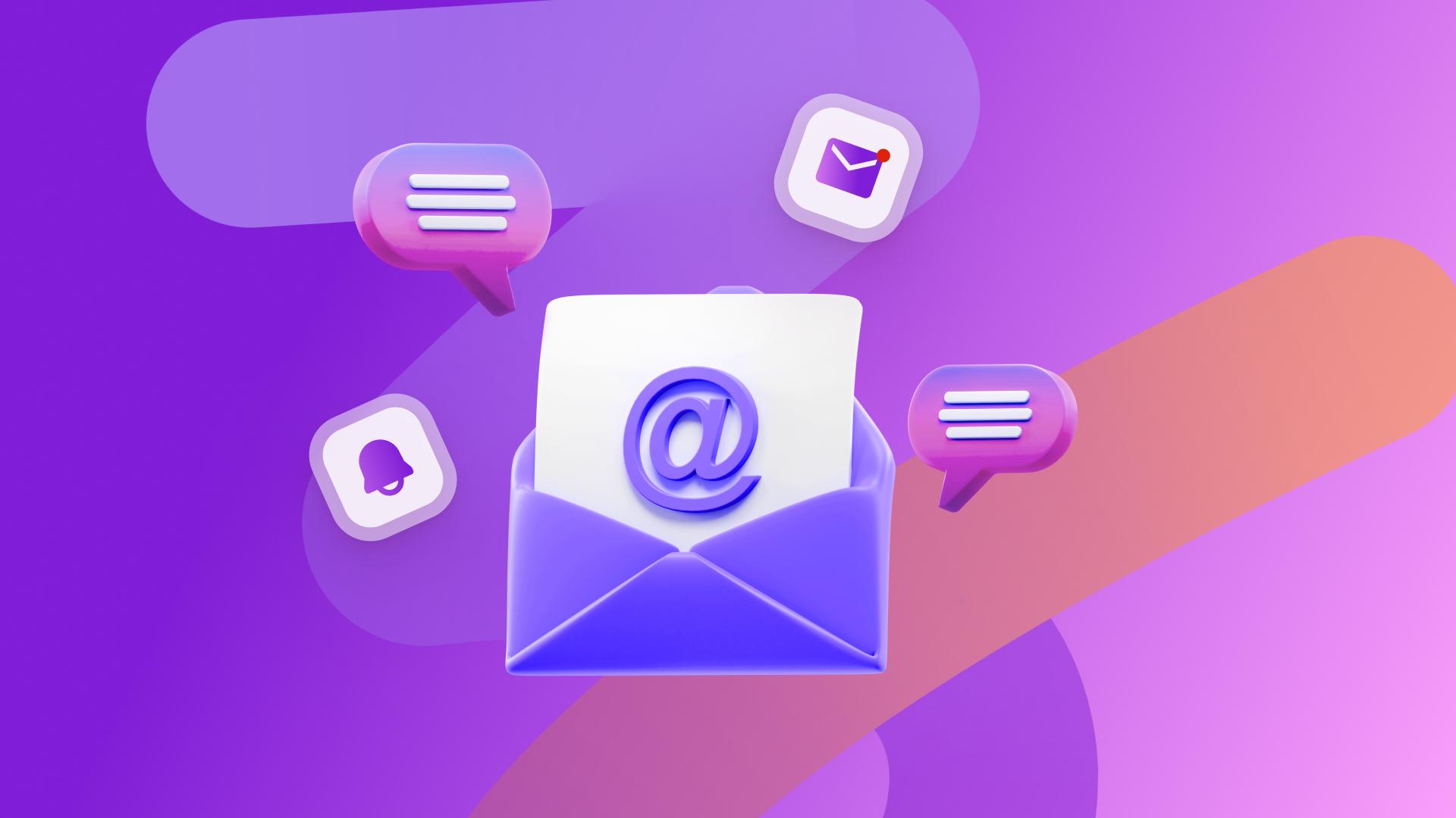 A 3D purple email envelope with an @ symbol, surrounded by messaging and notification icons.