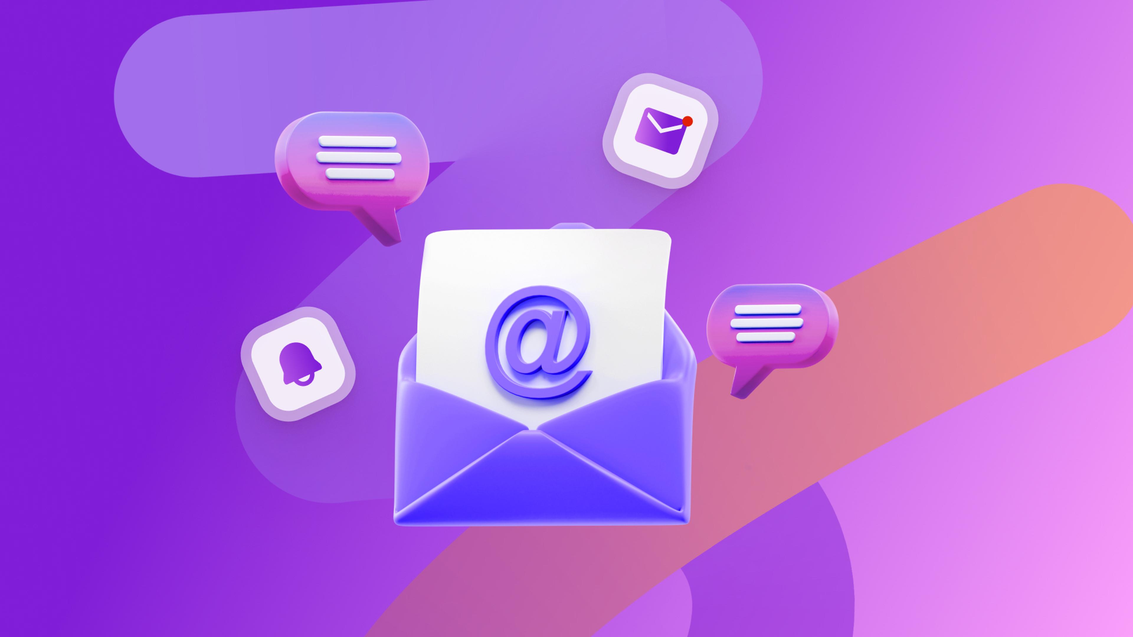A 3D purple email envelope with an @ symbol, surrounded by messaging and notification icons.