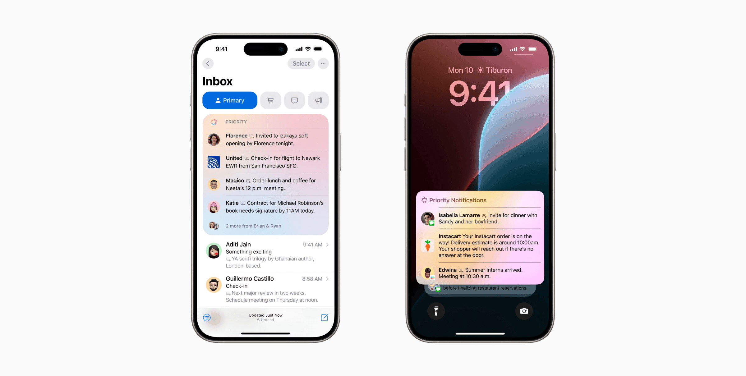A smartphone displaying an email inbox on the left and a notification screen on the right, showing various messages and alerts. The time on the right screen reads 9:44.