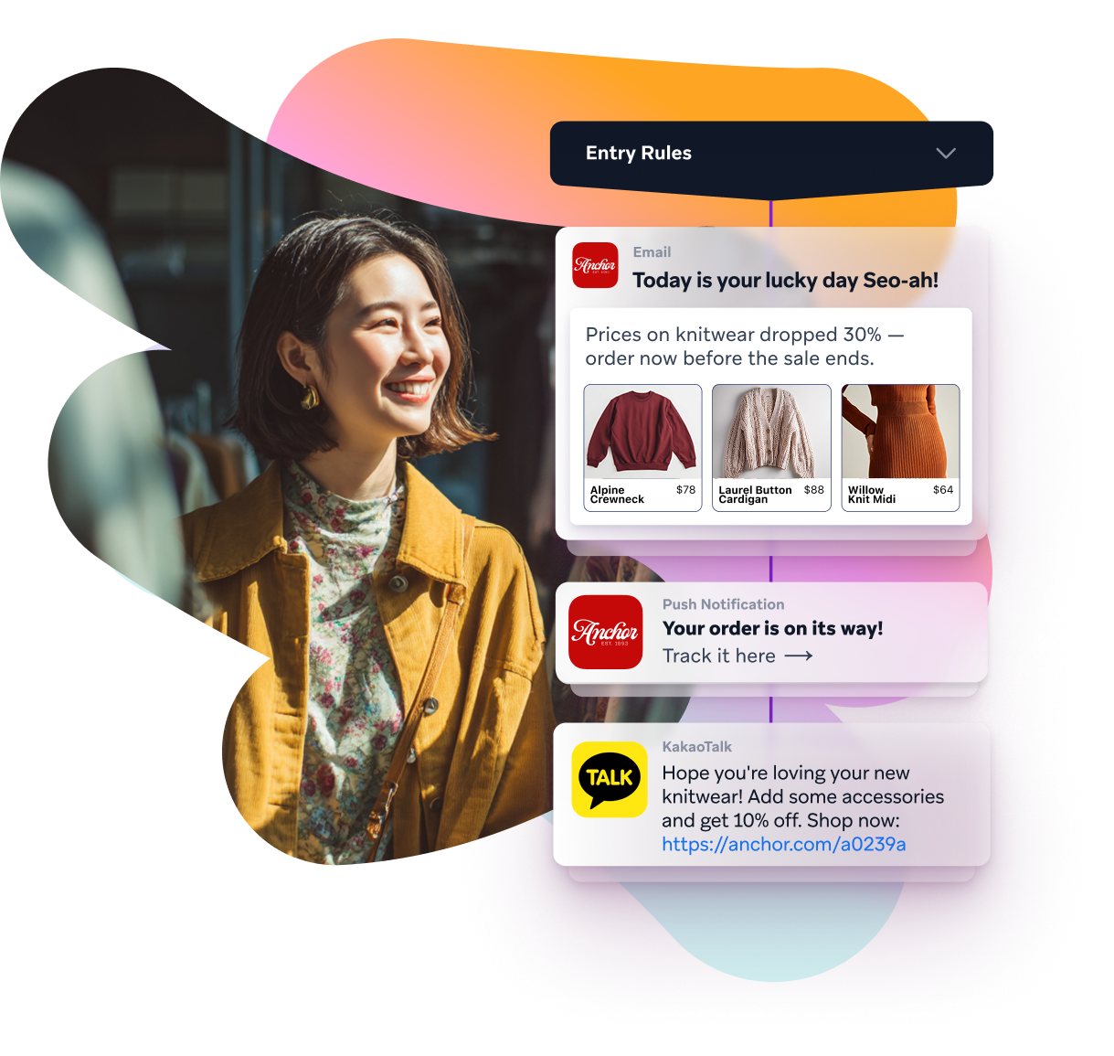 Smiling woman looking at shopping notifications for sales, order updates, and discounts.