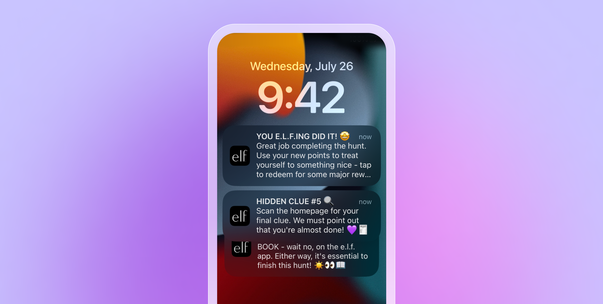 A smartphone screen displaying the time 9:42 and two notifications from the app "elf." The first congratulates the user on completing a task, and the second provides a clue for a final challenge.
