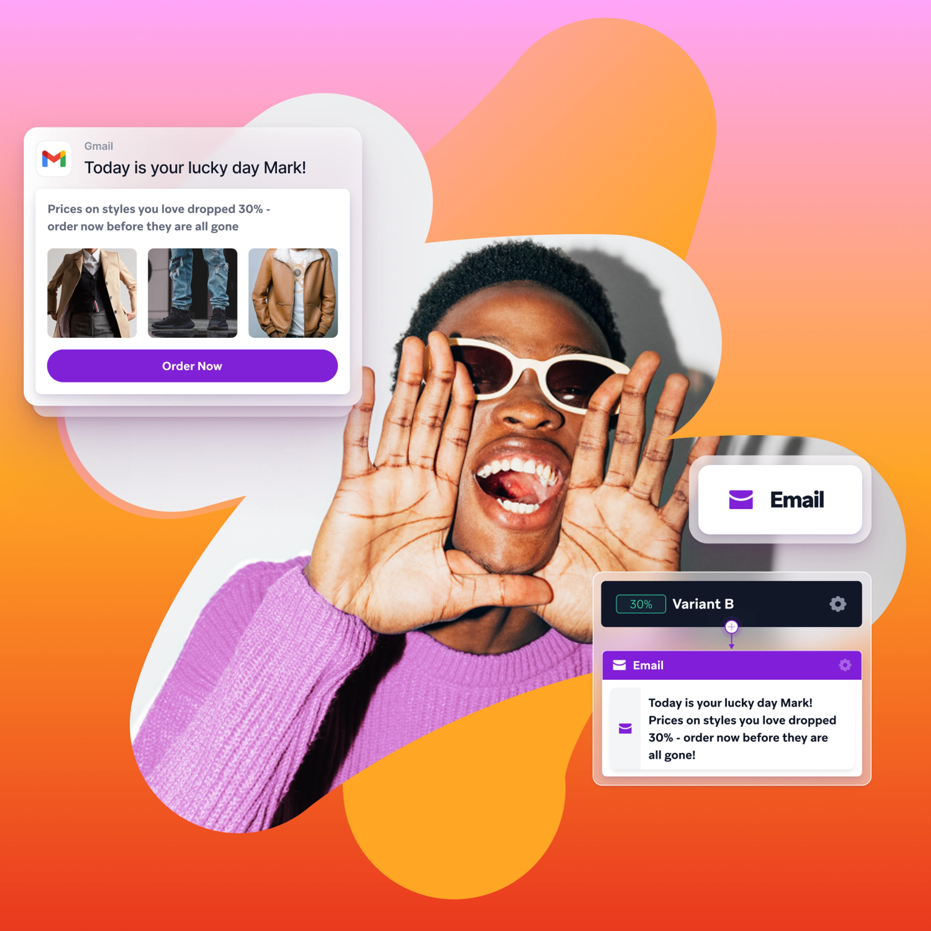 a person with sunglasses shouting with two emails on either side of them