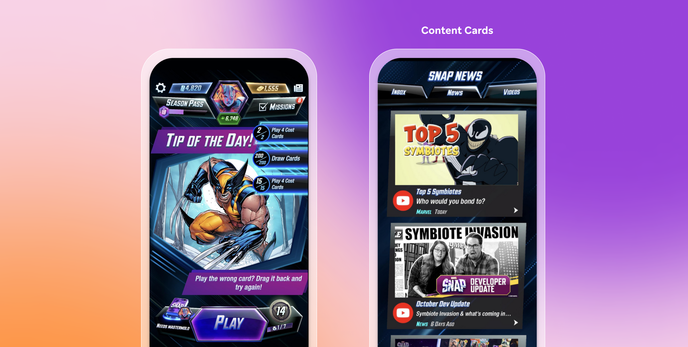 Capture d’écran de l’interface mobile d’un jeu Marvel, montrant à gauche un écran de conseil du jour avec Wolverine et à droite un flux de cartes de contenu « Snap News » avec des vidéos et articles en vedette.