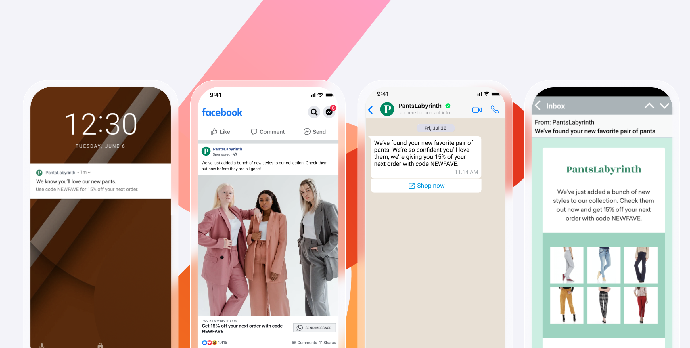 A smartphone screen displaying a notification about new pants, alongside images of social media ads and messages promoting a clothing collection.