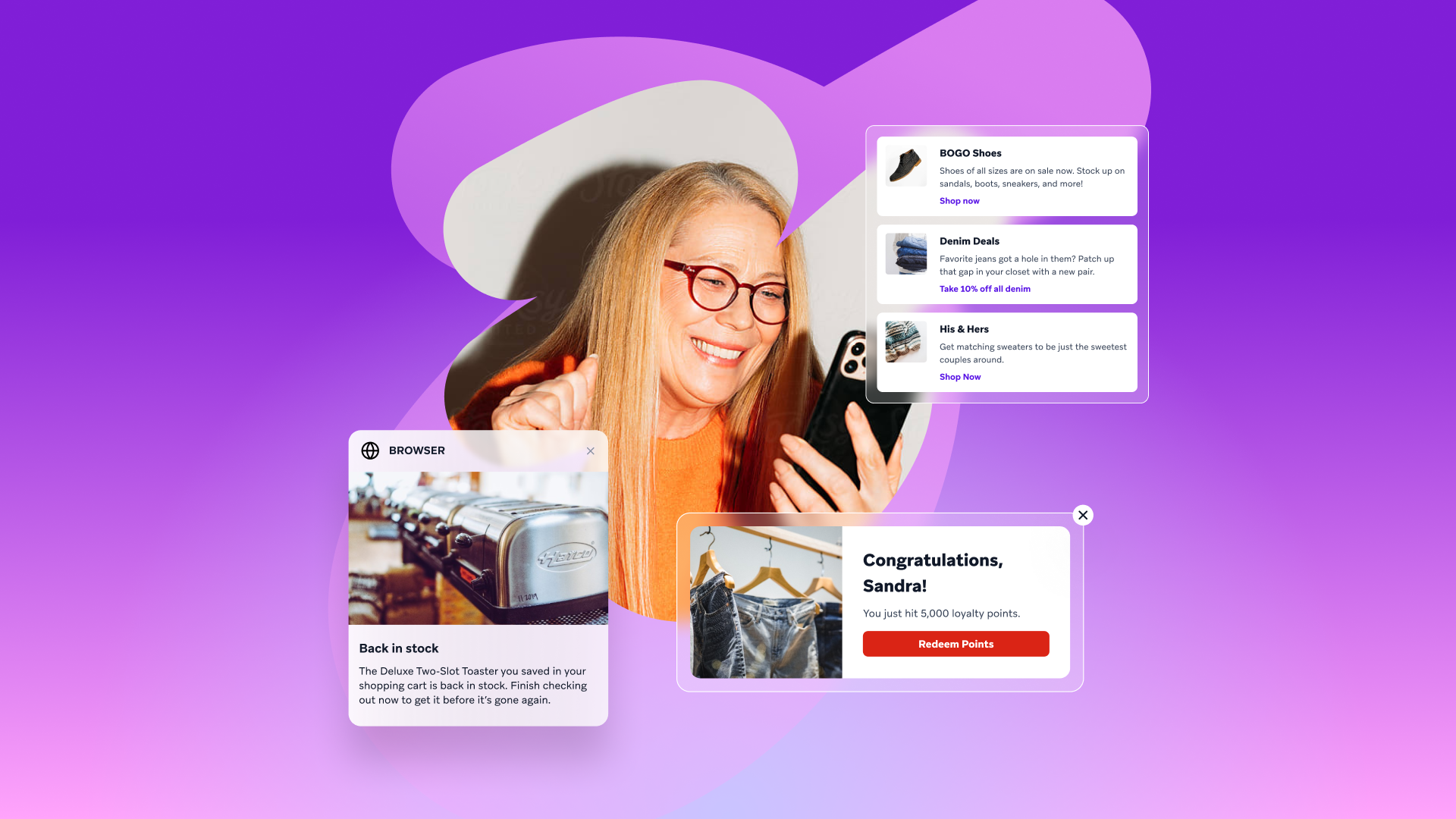 a woman wearing glasses is smiling while looking at her phone