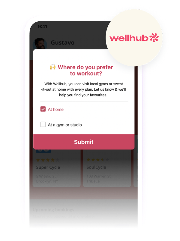a screenshot of a wellhub app asking where do you prefer to workout
