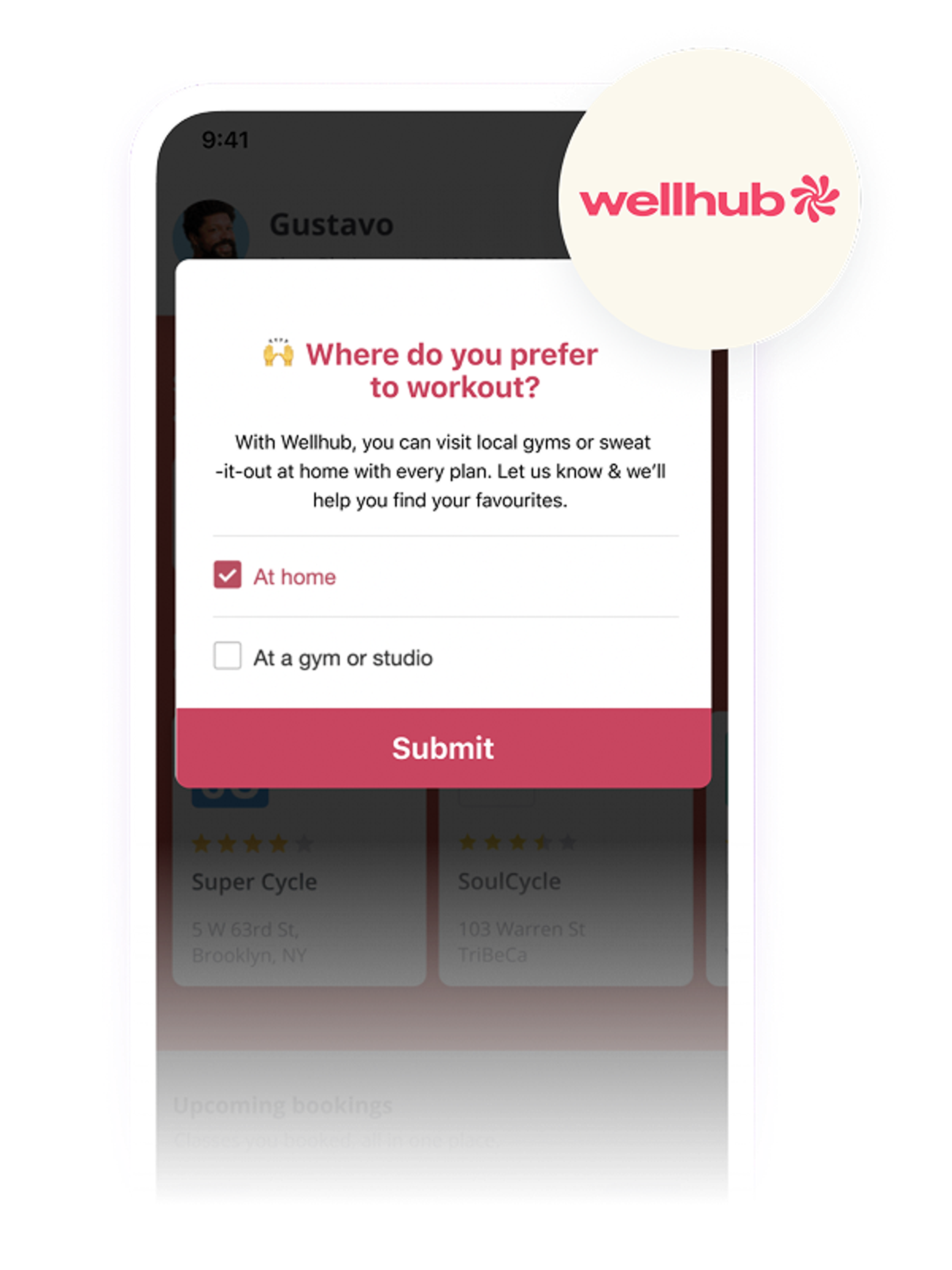 a screenshot of a wellhub app asking where do you prefer to workout