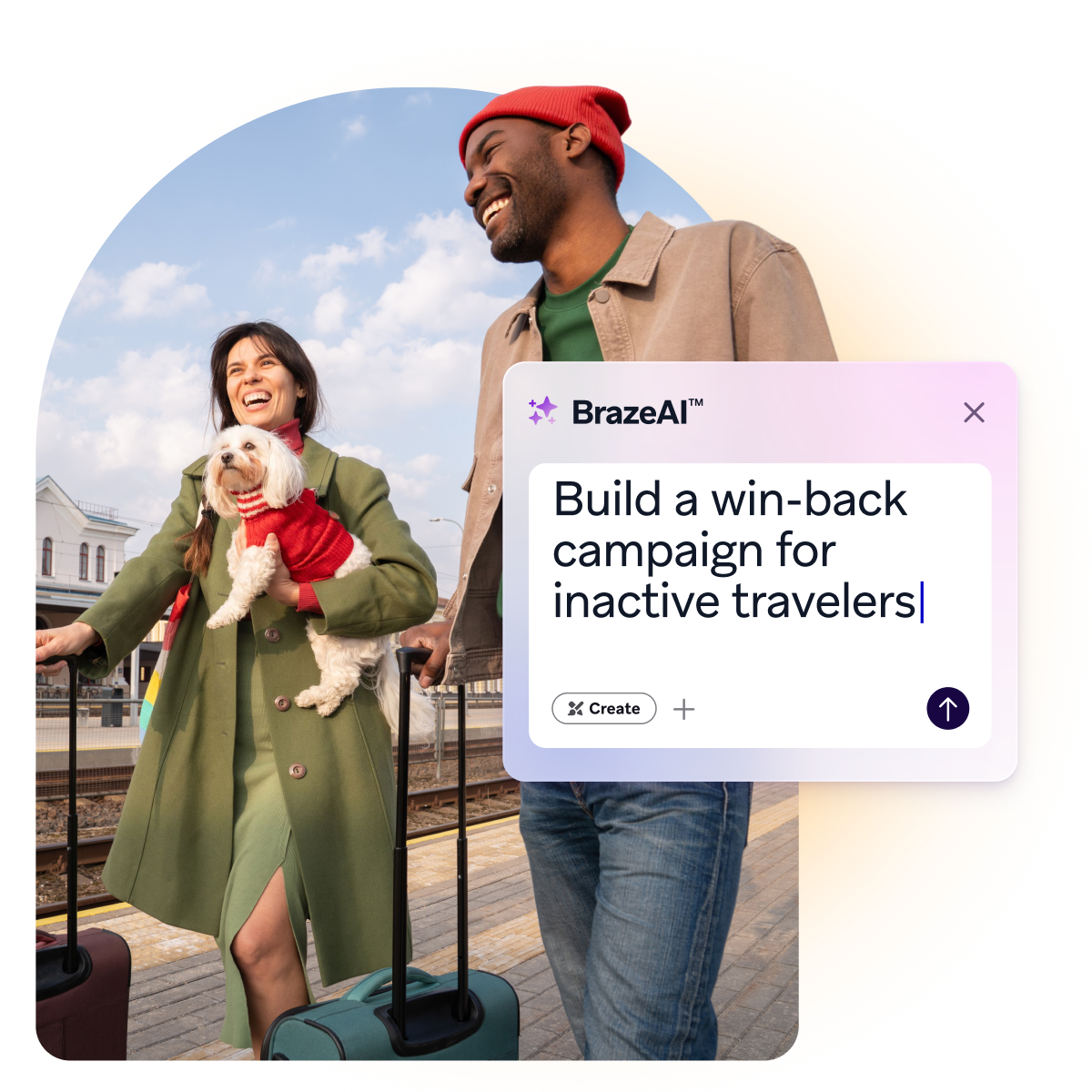 Two smiling travelers with luggage and a small dog stand on a train platform beside a BrazeAI prompt to build a win-back campaign for inactive travelers.
