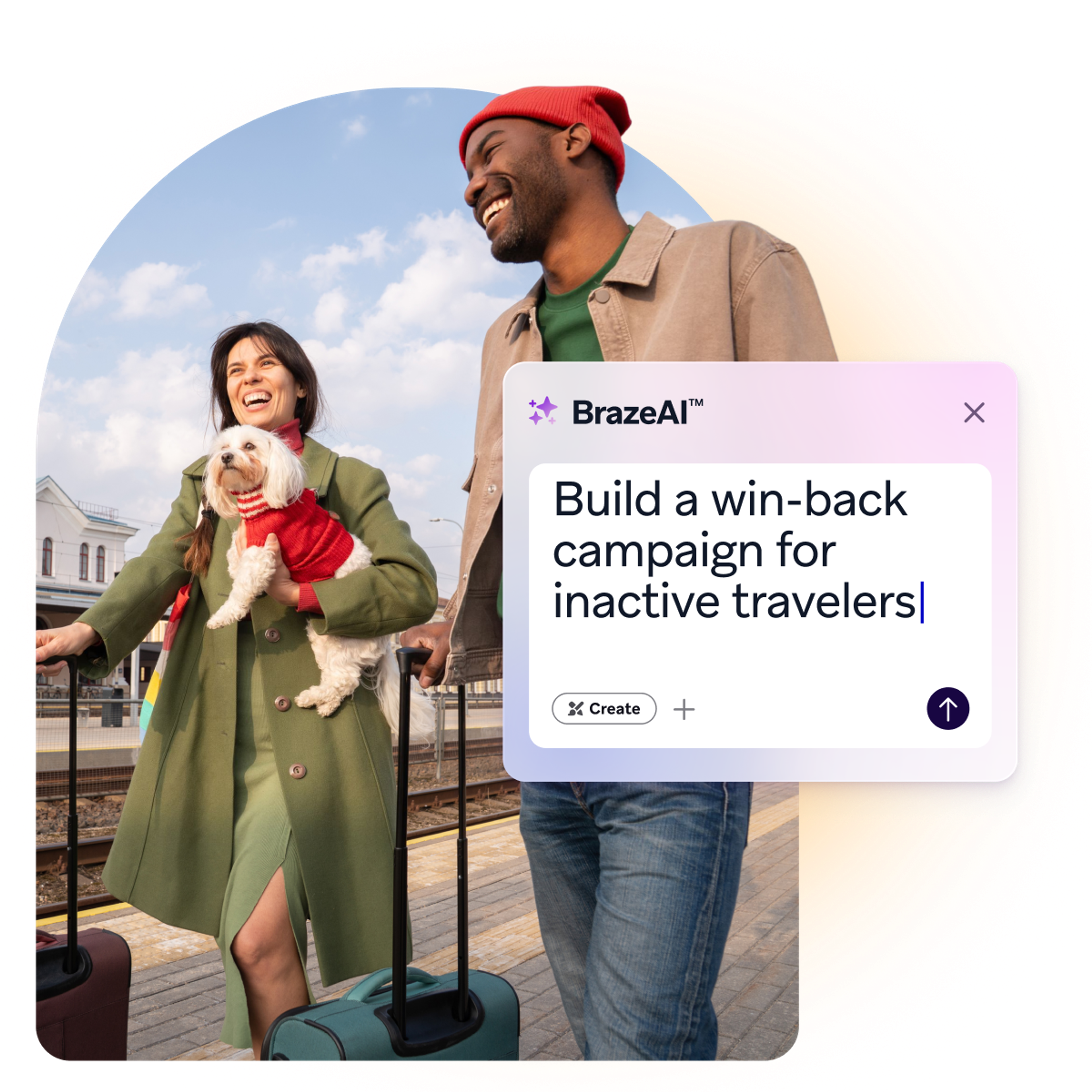 Two smiling travelers with luggage and a small dog stand on a train platform beside a BrazeAI prompt to build a win-back campaign for inactive travelers.