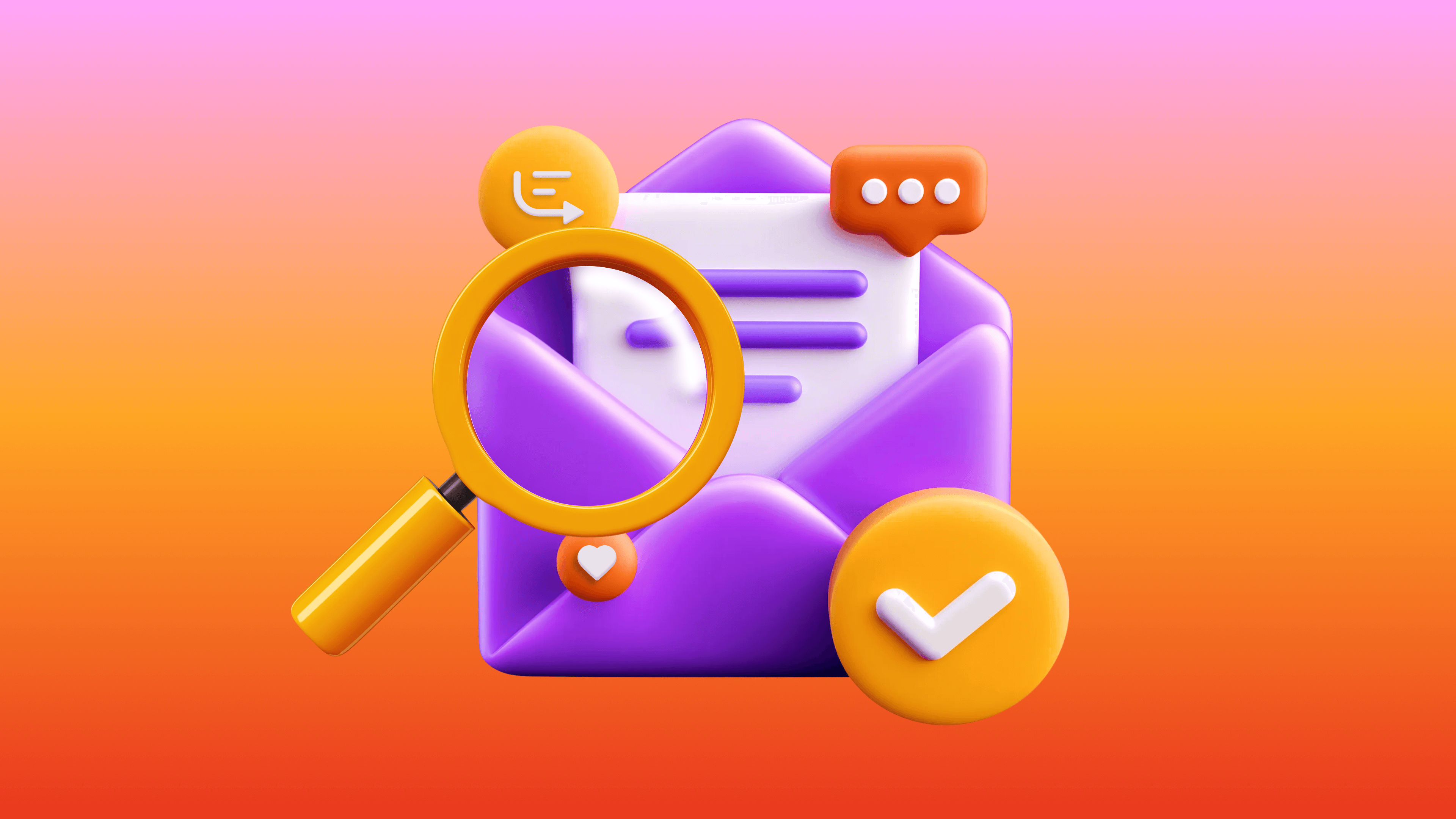 3D icons for email management: an open envelope, magnifying glass, and checkmark.