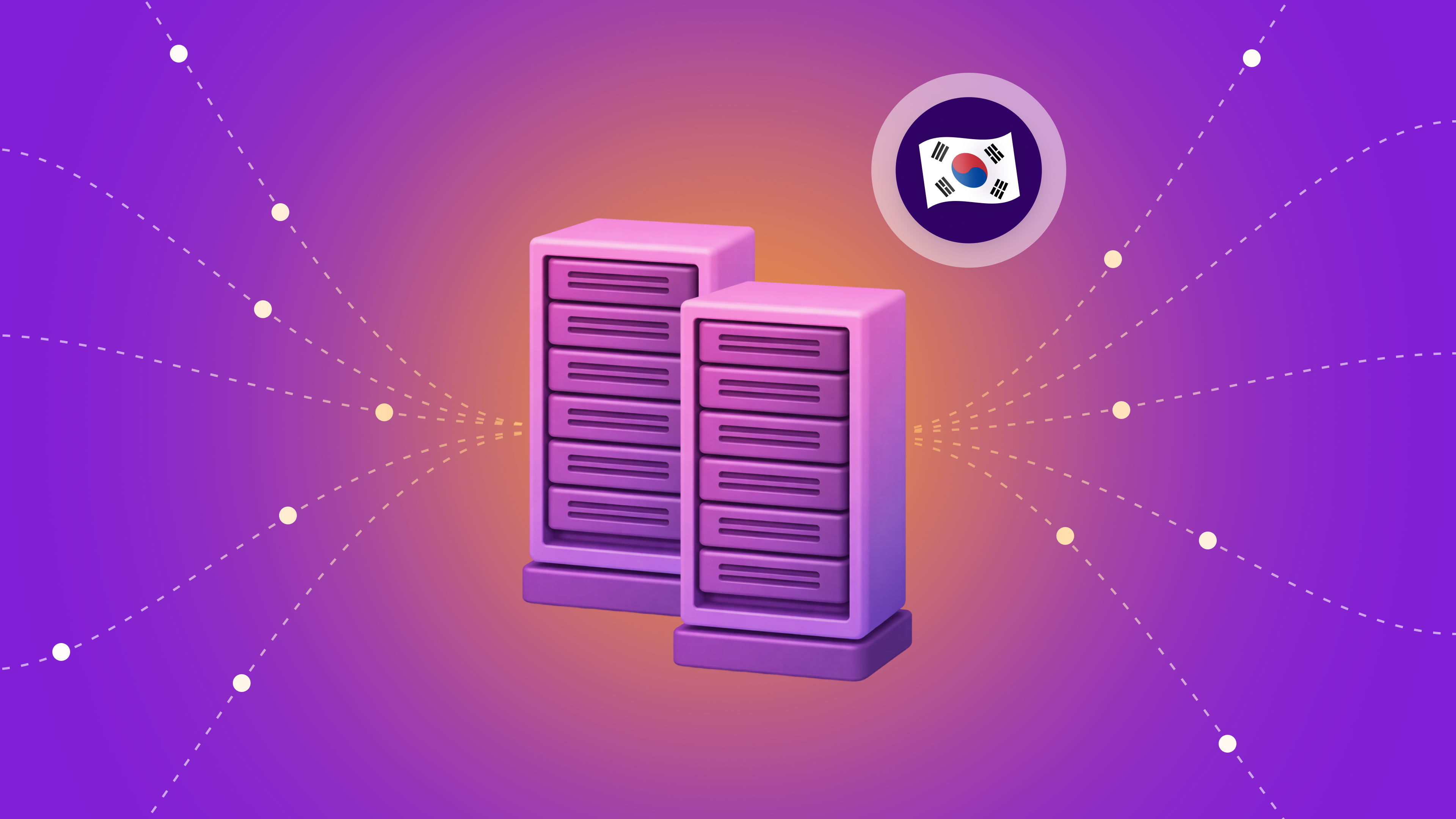 Two purple server racks with data connections and a South Korean flag icon.