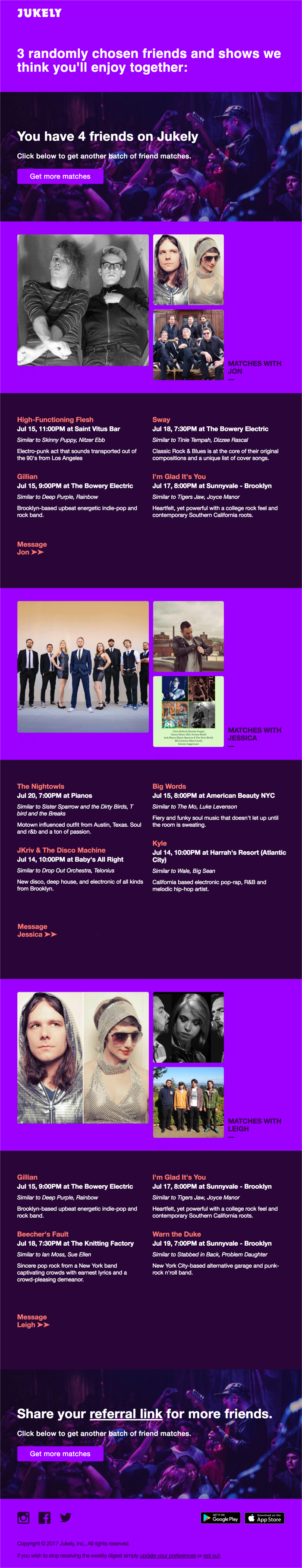 A colorful email layout featuring various images of people and events, promoting a social platform called Jukely. The text invites users to connect with friends and discover events together.