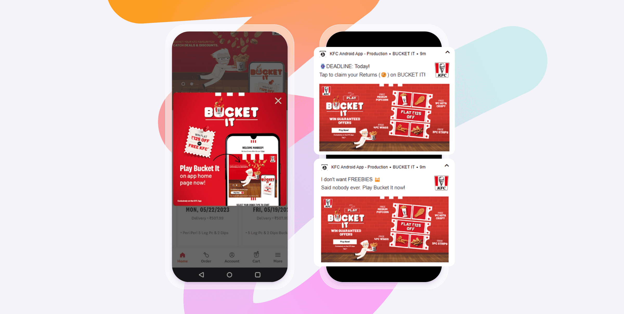 アプリの画面に「BUCKET IT」というゲームのプロモーションが表示されています。赤い背景に白い文字とイラストがあります。