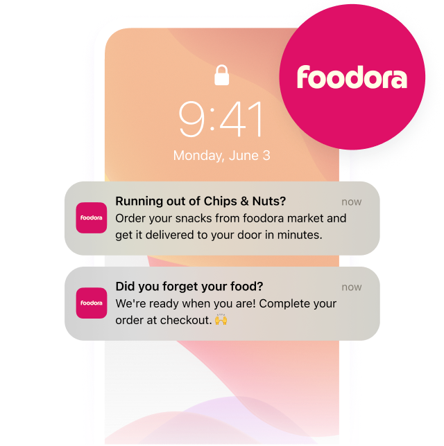 Foodora app notifications on a smartphone, promoting snack delivery and reminding to complete an order, with a large Foodora logo.