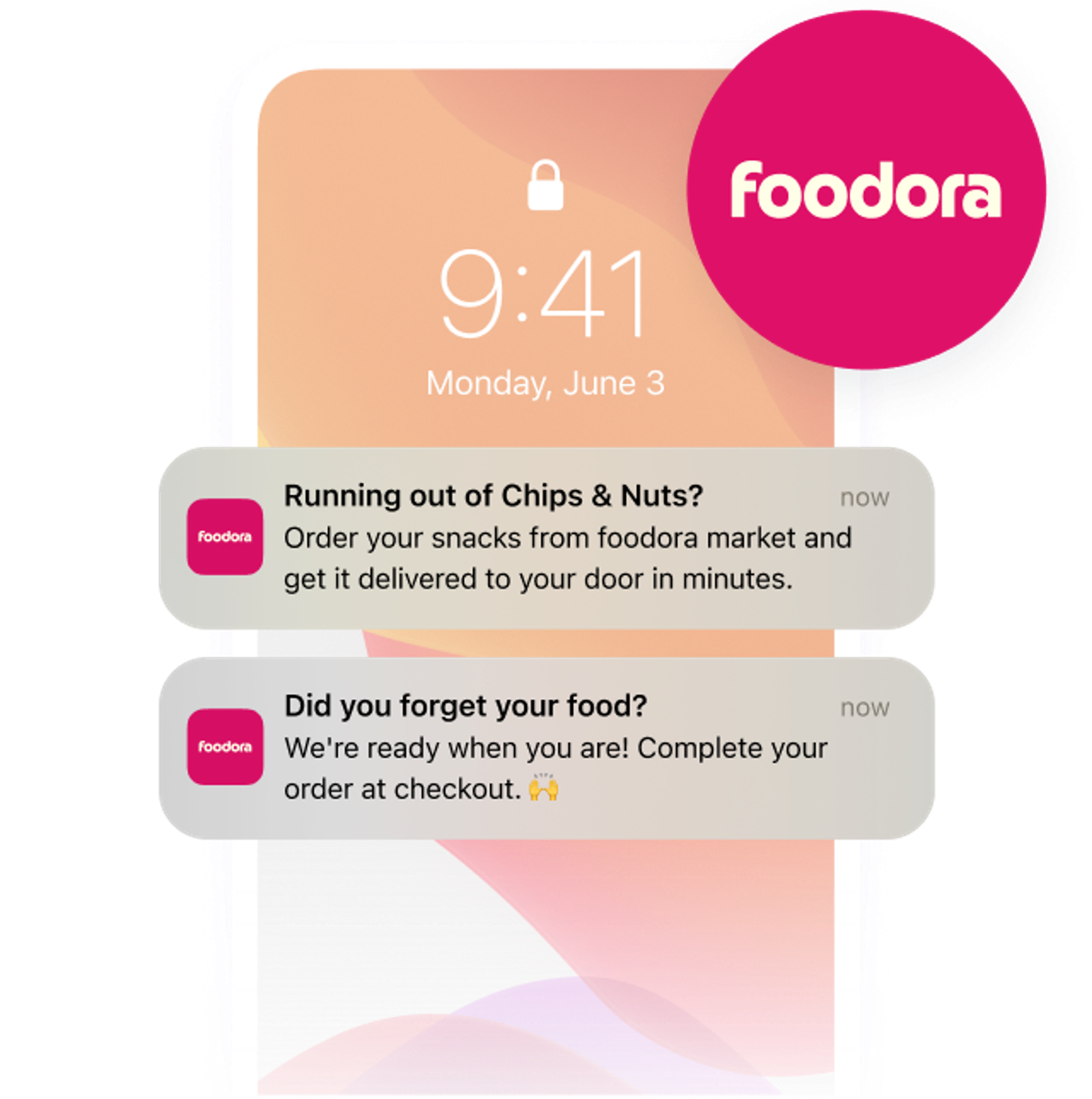 Foodora app notifications on a smartphone, promoting snack delivery and reminding to complete an order, with a large Foodora logo.
