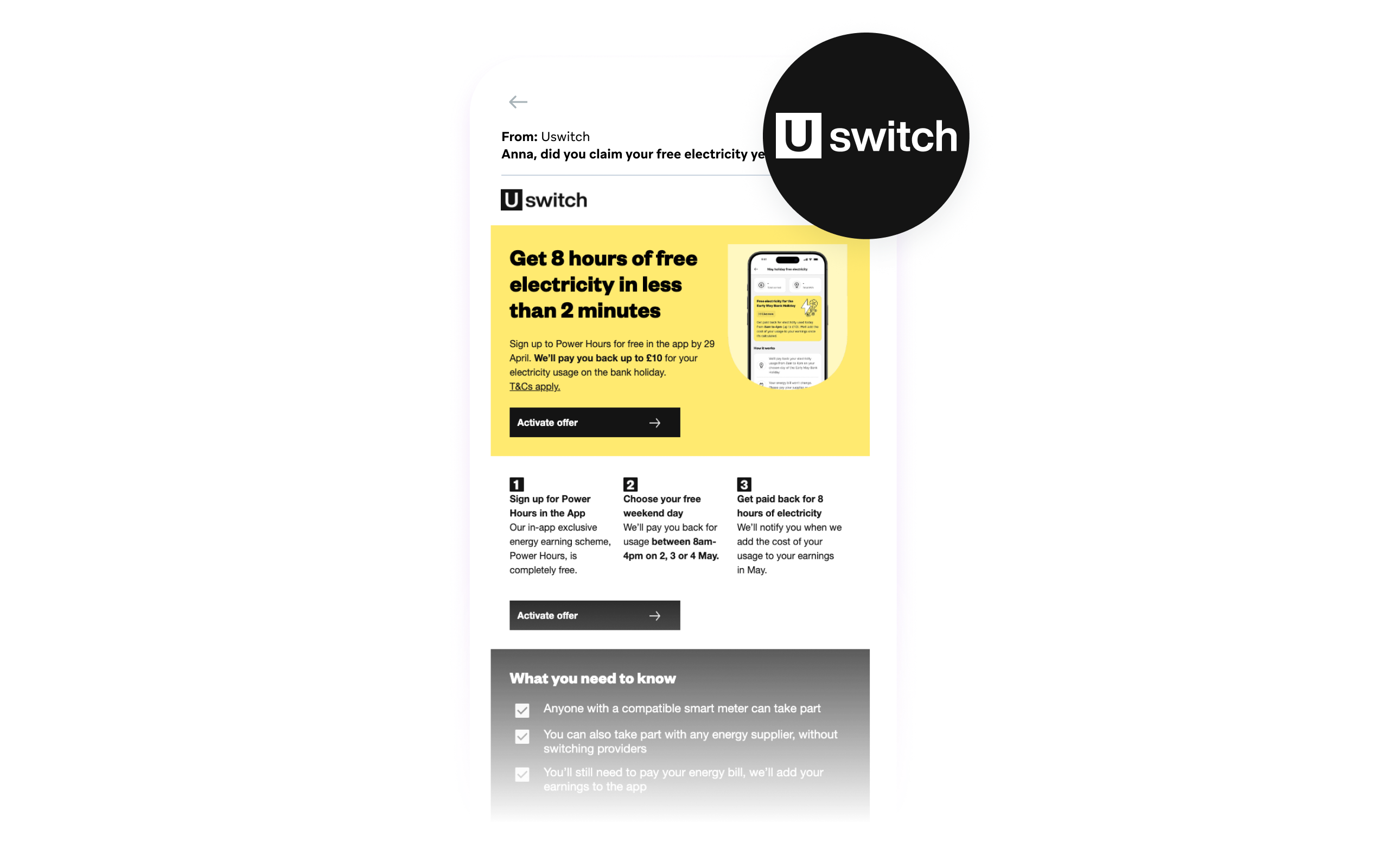 Uswitch email promoting eight hours of free electricity through its Power Hours app offer.