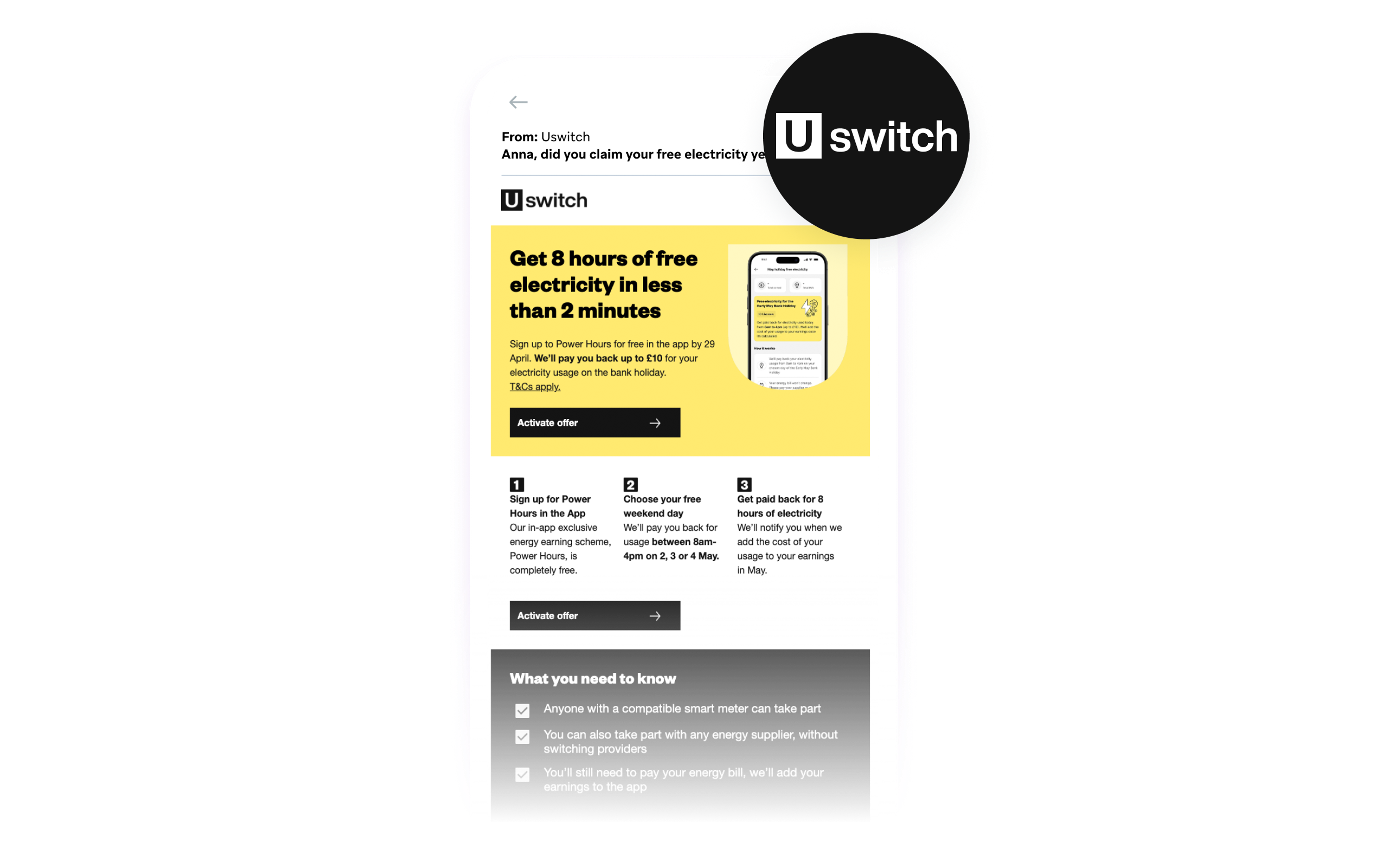 Uswitch email promoting eight hours of free electricity through its Power Hours app offer.