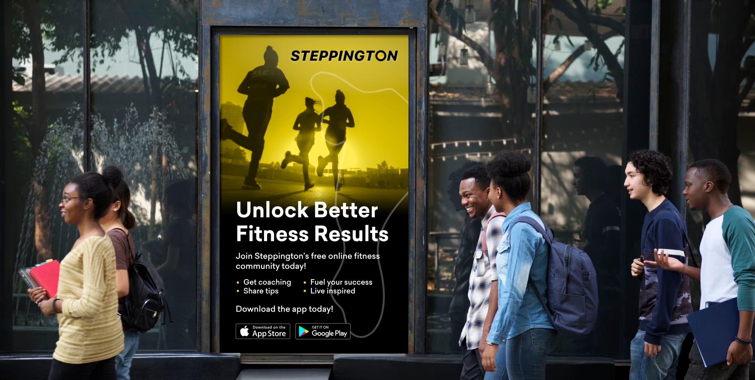 A digital billboard displays a Steppington fitness app ad featuring runners, while diverse young people walk along a city sidewalk.