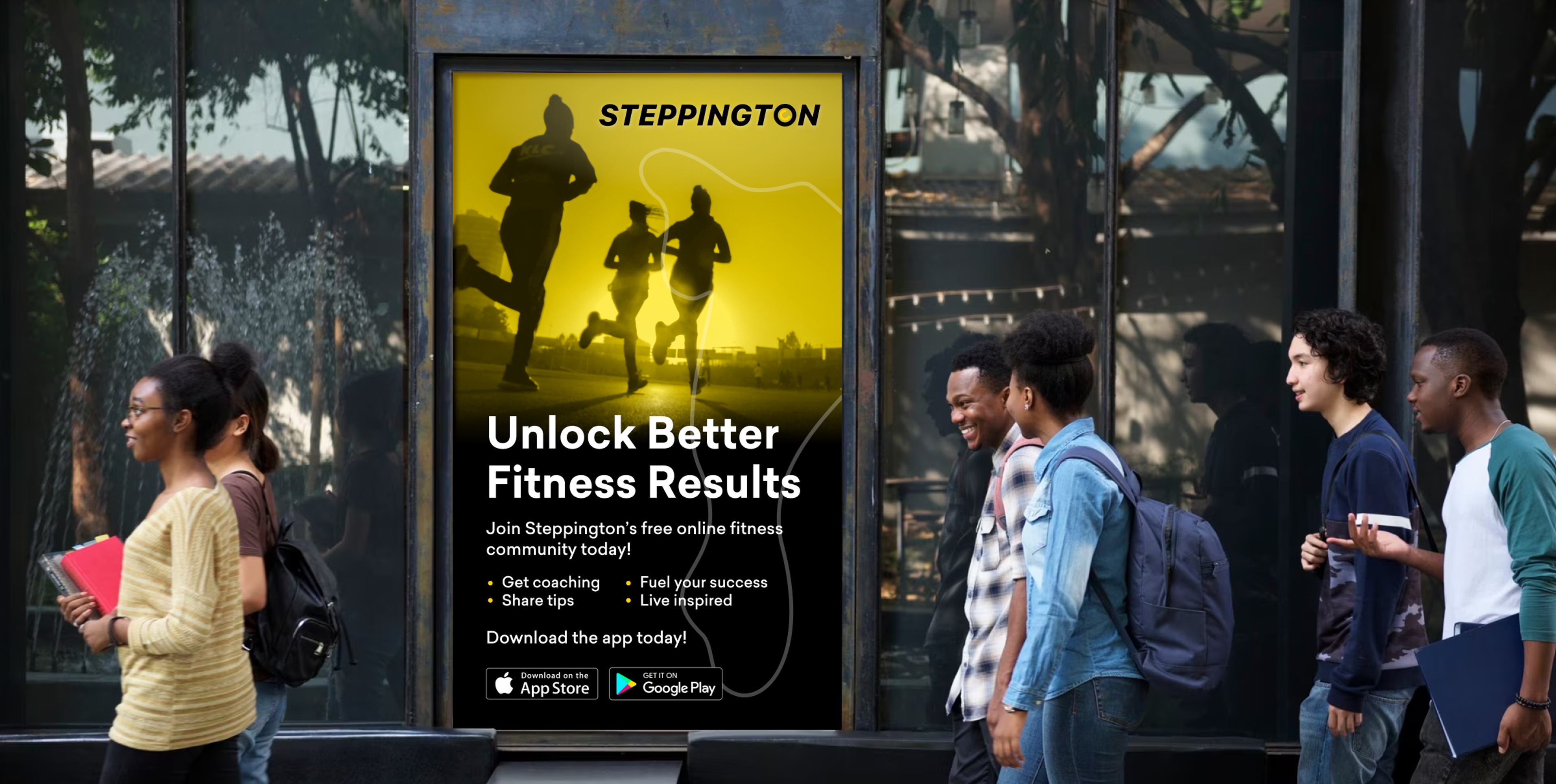 A digital billboard displays a Steppington fitness app ad featuring runners, while diverse young people walk along a city sidewalk.