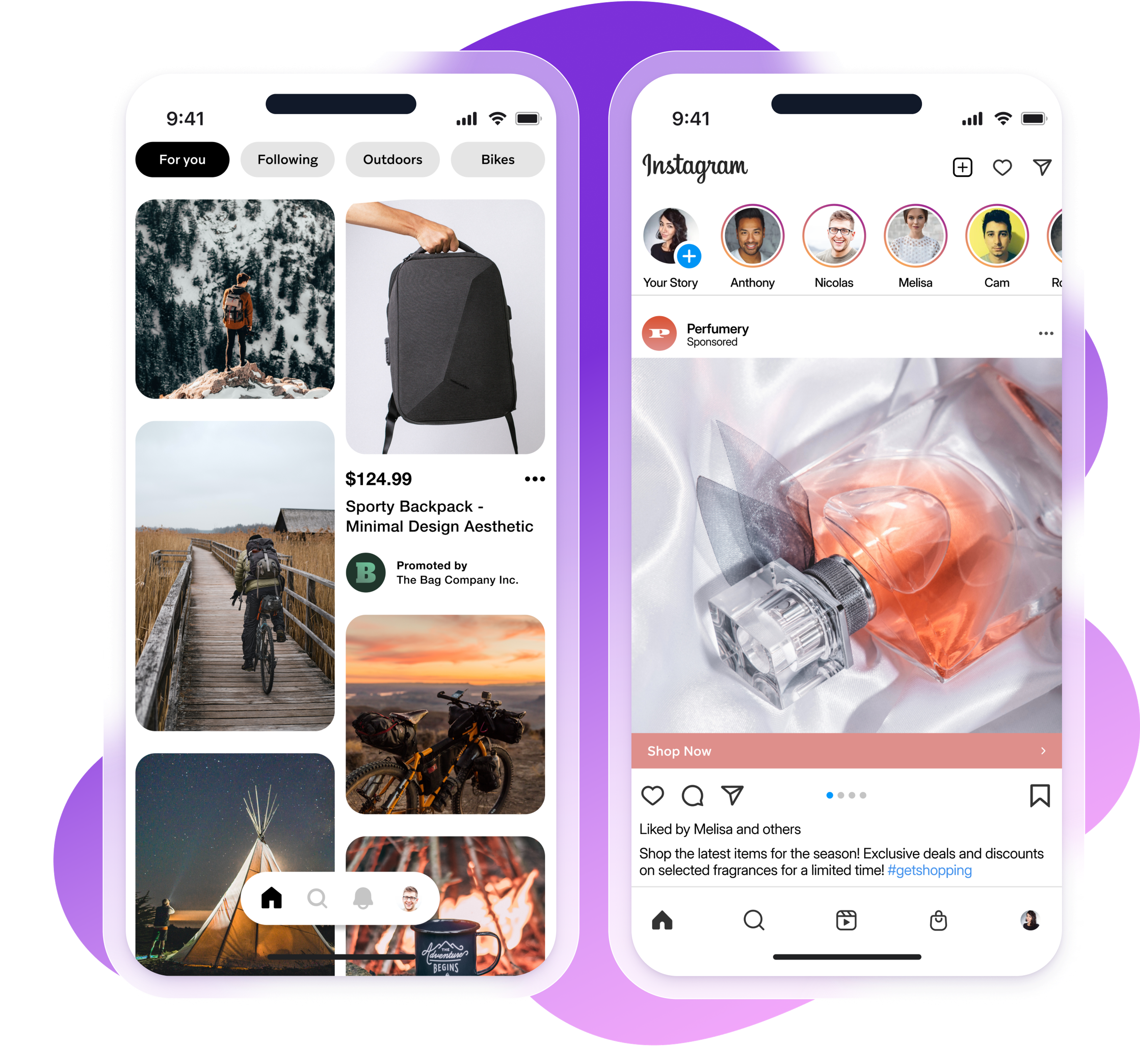 two cell phones are open to a pinterest page and an instagram page
