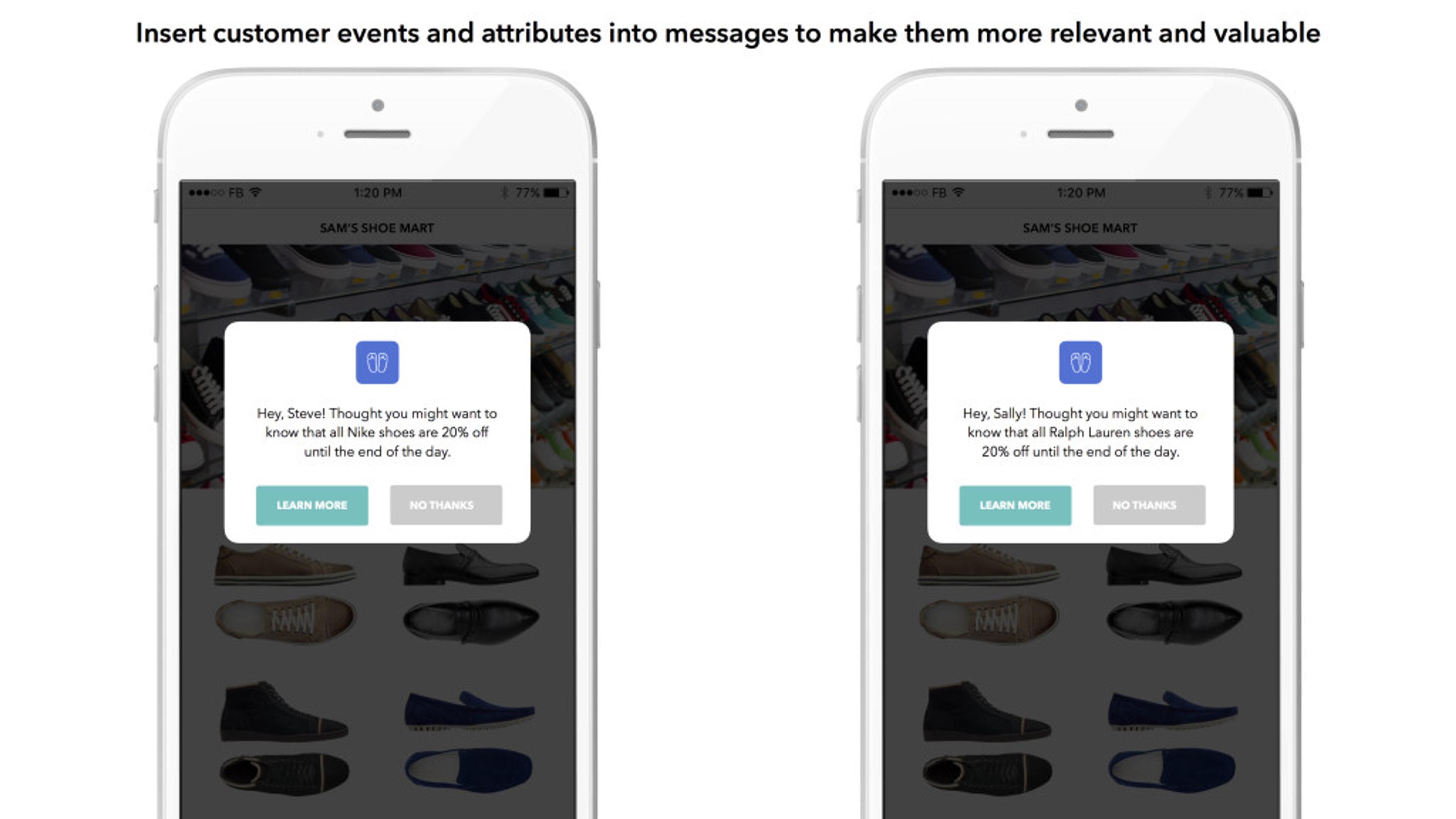 Two smartphones display a shoe shopping app with personalized messages for different users, suggesting discounts on shoes. The left phone shows a message for "Steve," while the right phone shows a message for "Sally.