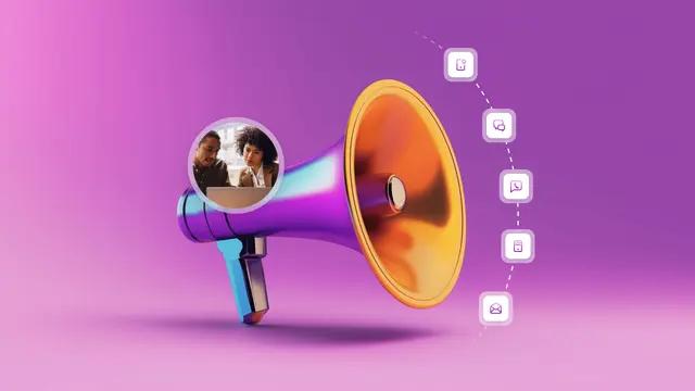Purple and gold megaphone with two people in its opening and an arc of document, chat, audio, video, and profile icons.