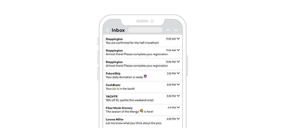 A smartphone screen displaying an email inbox with various messages, including confirmations and reminders. The emails are from different senders related to events and updates.