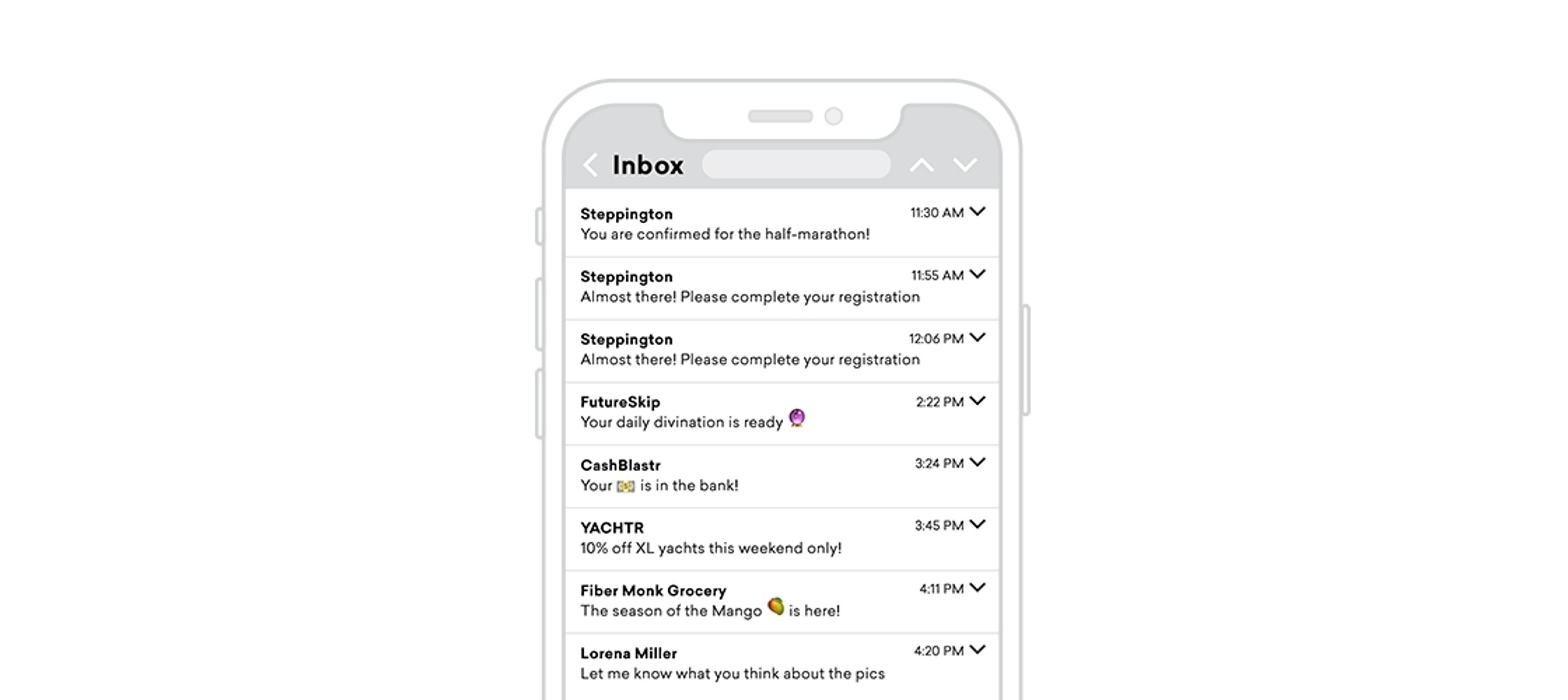 A smartphone screen displaying an email inbox with various messages, including confirmations and reminders. The emails are from different senders related to events and updates.