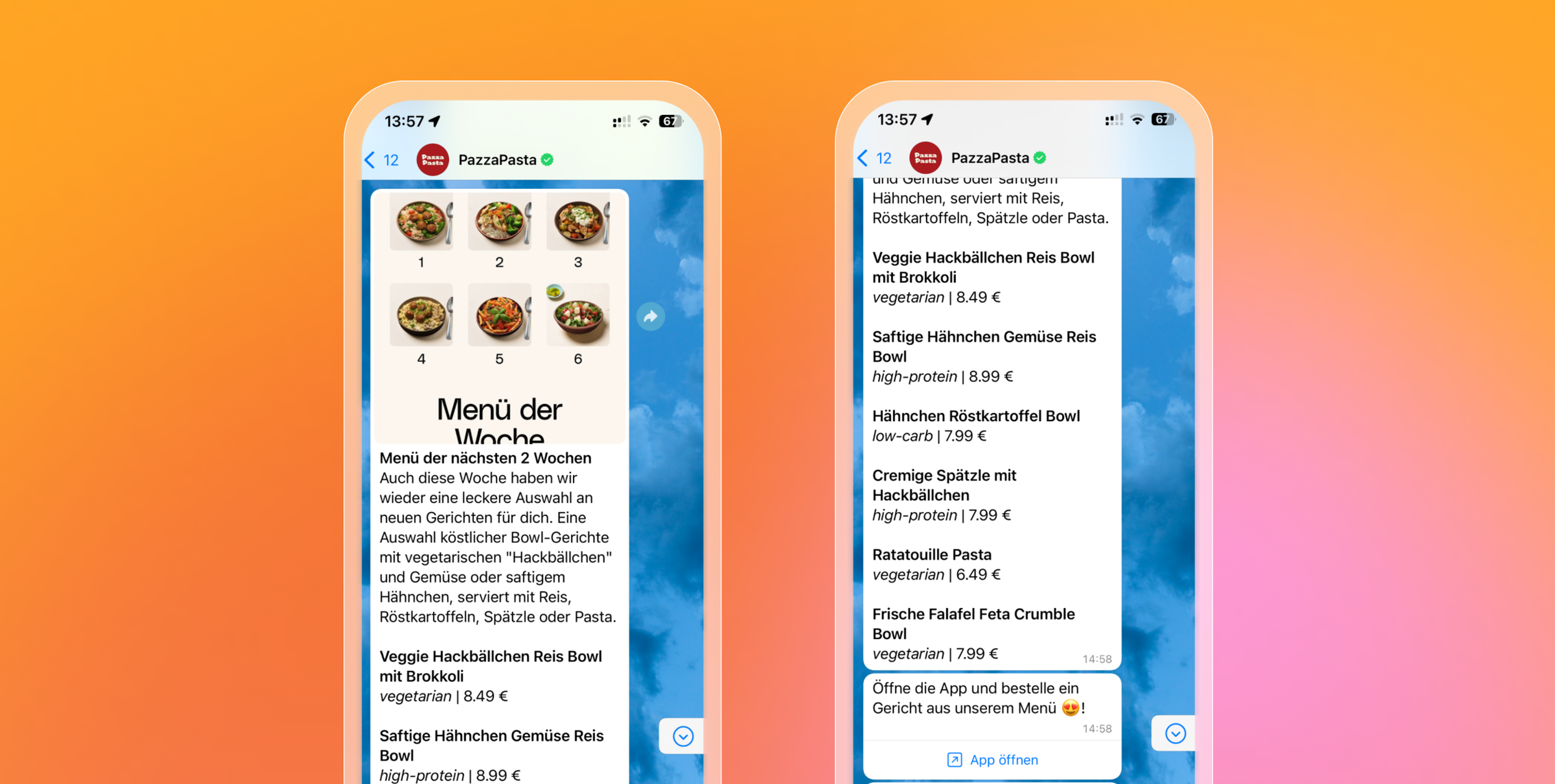 Two WhatsApp messages showing the menu of the week