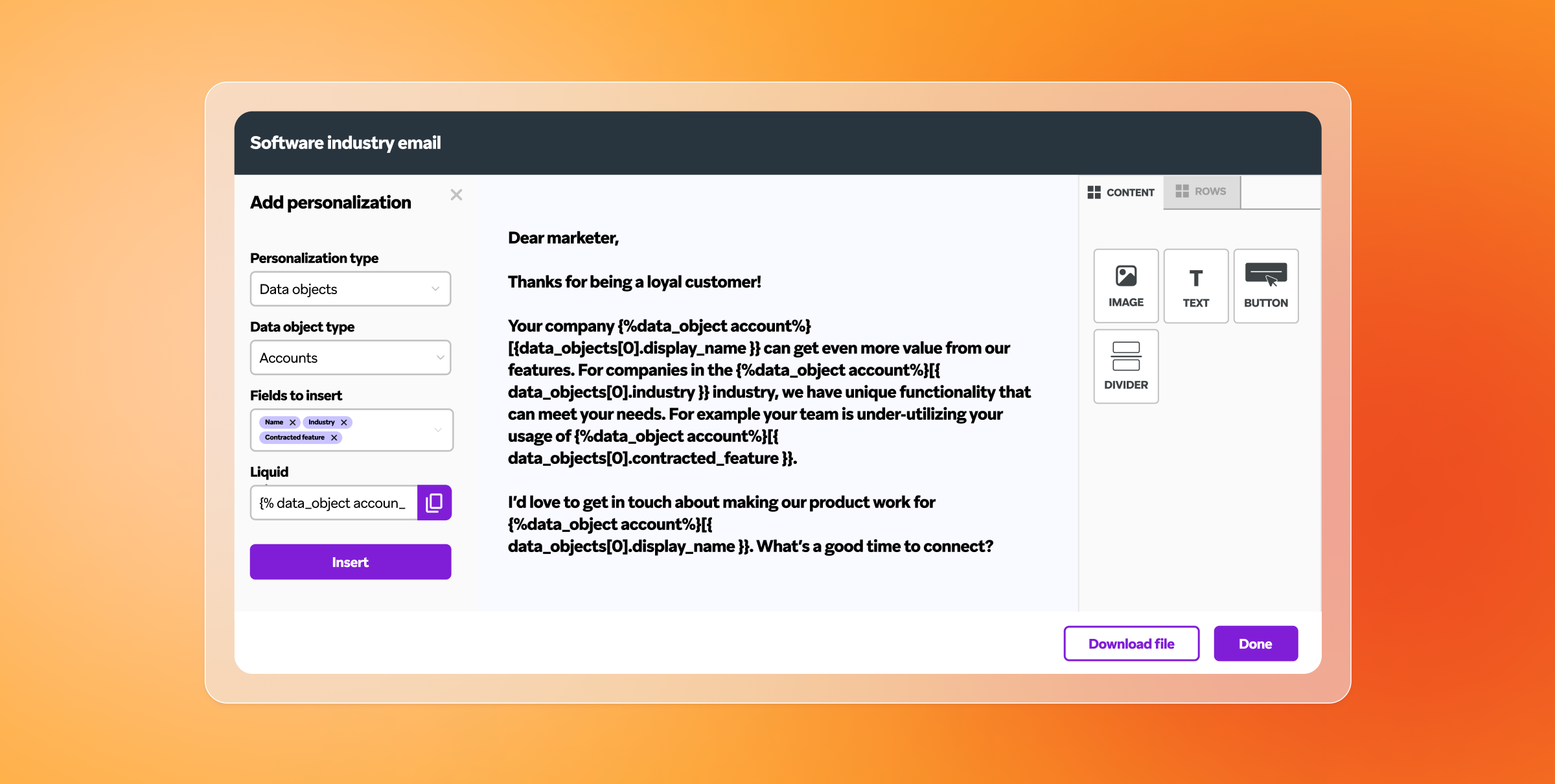 Email editor showing a personalized software industry message with account data fields and content blocks.