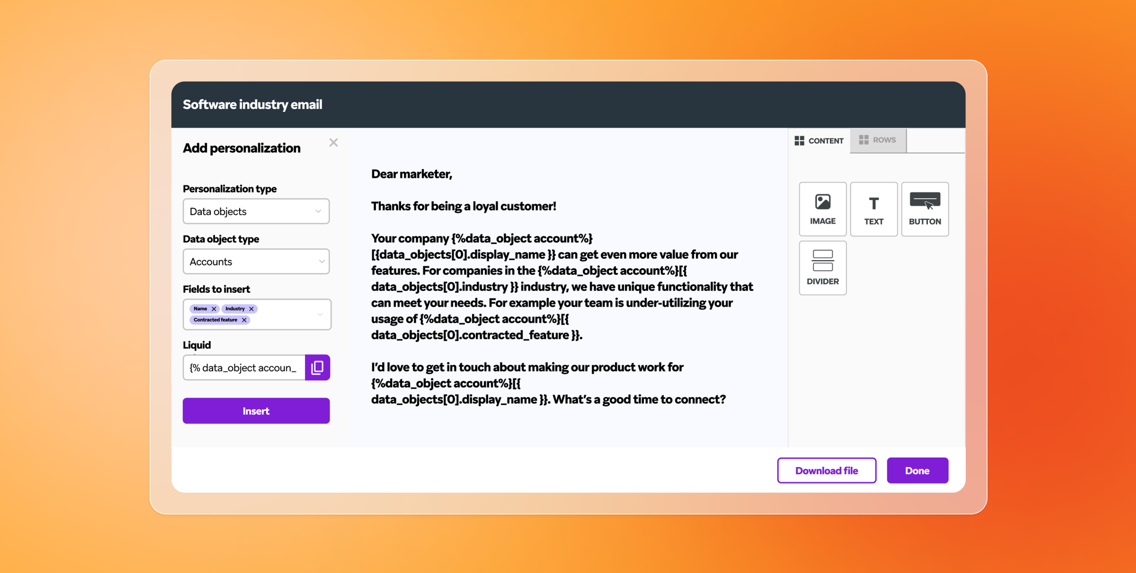 Email editor showing a personalized software industry message with account data fields and content blocks.