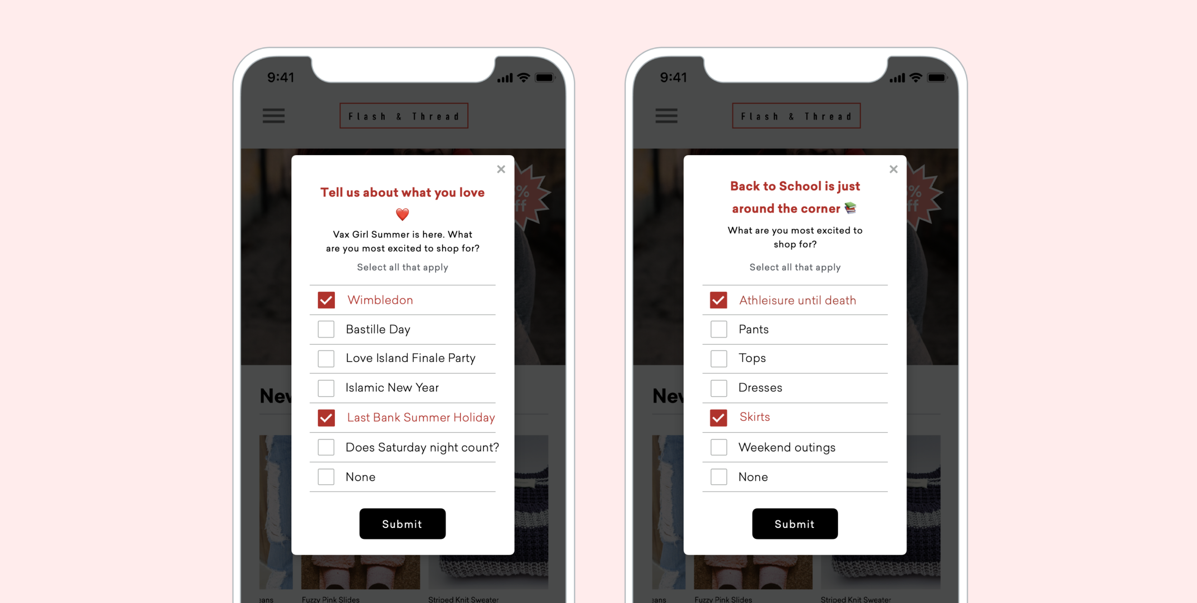 サマーセールに関するアンケートが表示されたスマートフォンの画面。左側には「ウィンブルドン」や「バスティルデー」などの選択肢があり、右側には「バック・トゥ・スクール」のアイテムリストが表示されている。