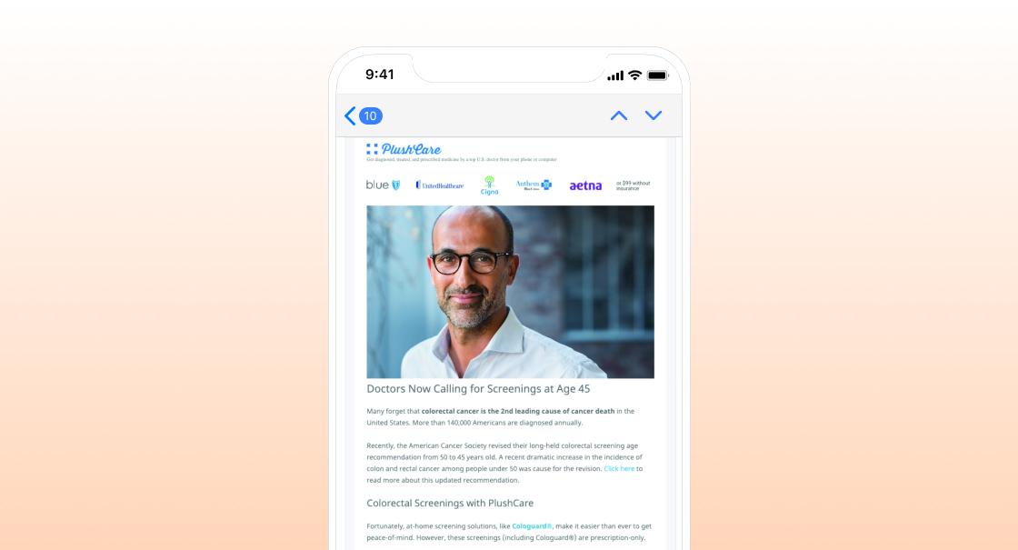A smartphone displaying an email about cancer screening recommendations at age 45, featuring a professional-looking man in the header. The email includes logos of various health organizations.