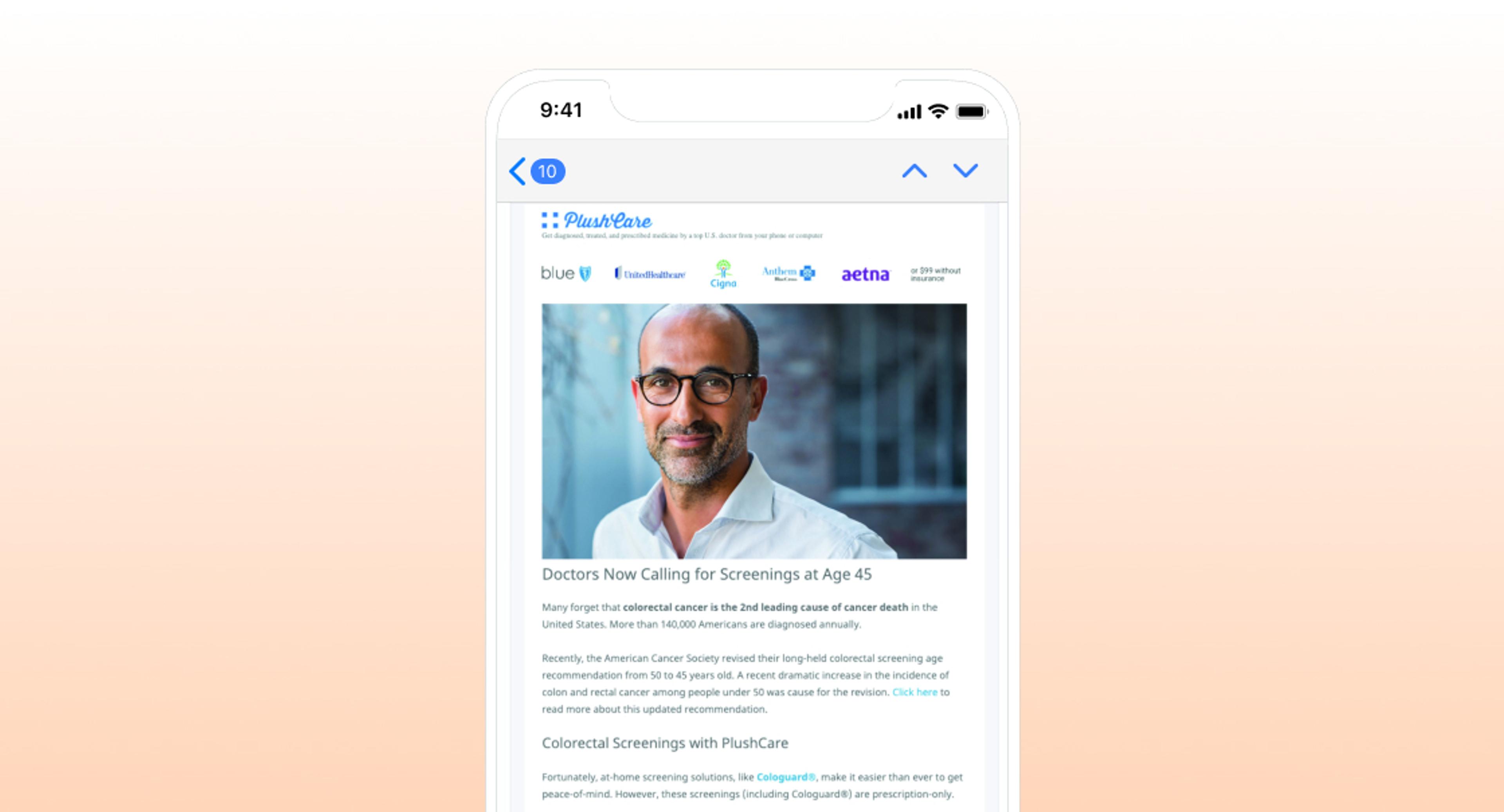 A smartphone displaying an email about cancer screening recommendations at age 45, featuring a professional-looking man in the header. The email includes logos of various health organizations.