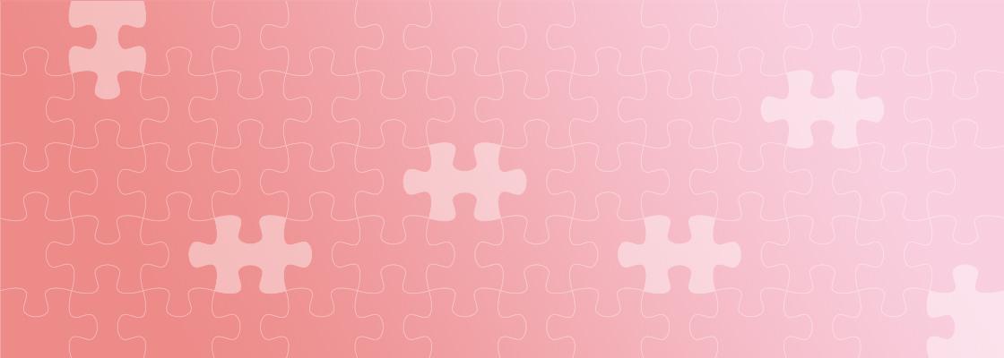 A pink gradient background with several light-colored puzzle pieces scattered across it.