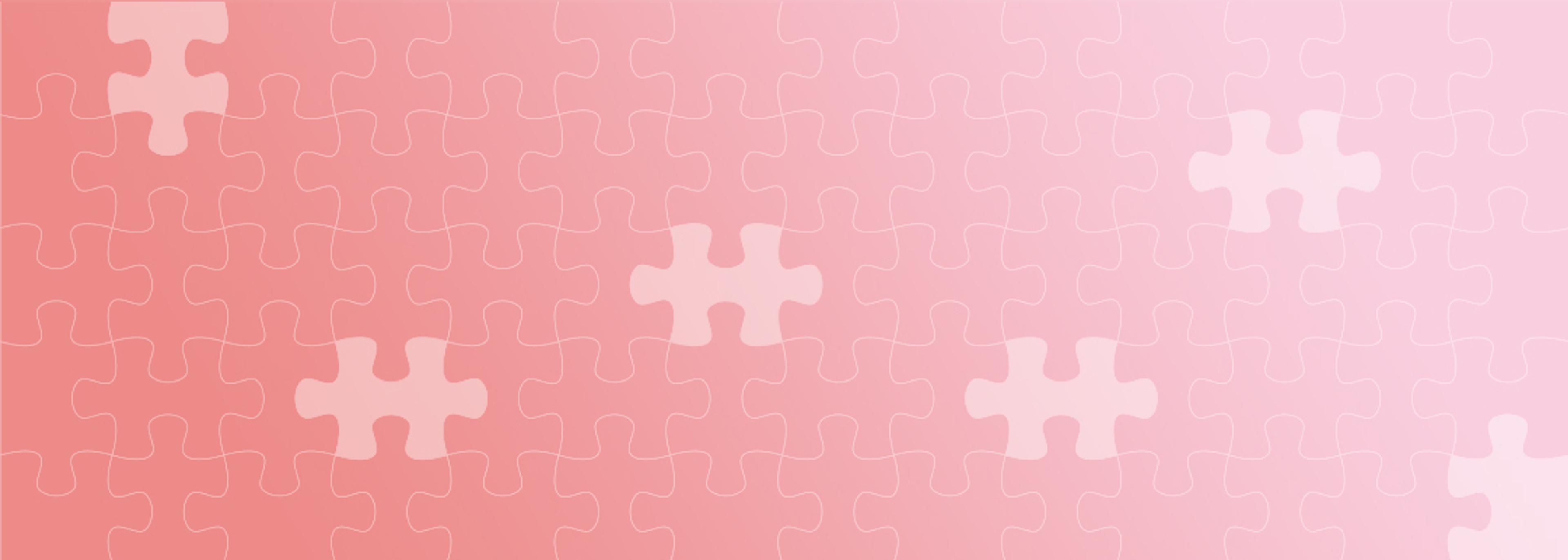 A pink gradient background with several light-colored puzzle pieces scattered across it.