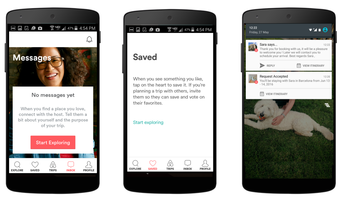 Three smartphone screens displaying a messaging app. The first screen shows a smiling woman with a "No messages yet" notification, the second screen invites users to explore and save places, and the third screen lists notifications about requests and messages.