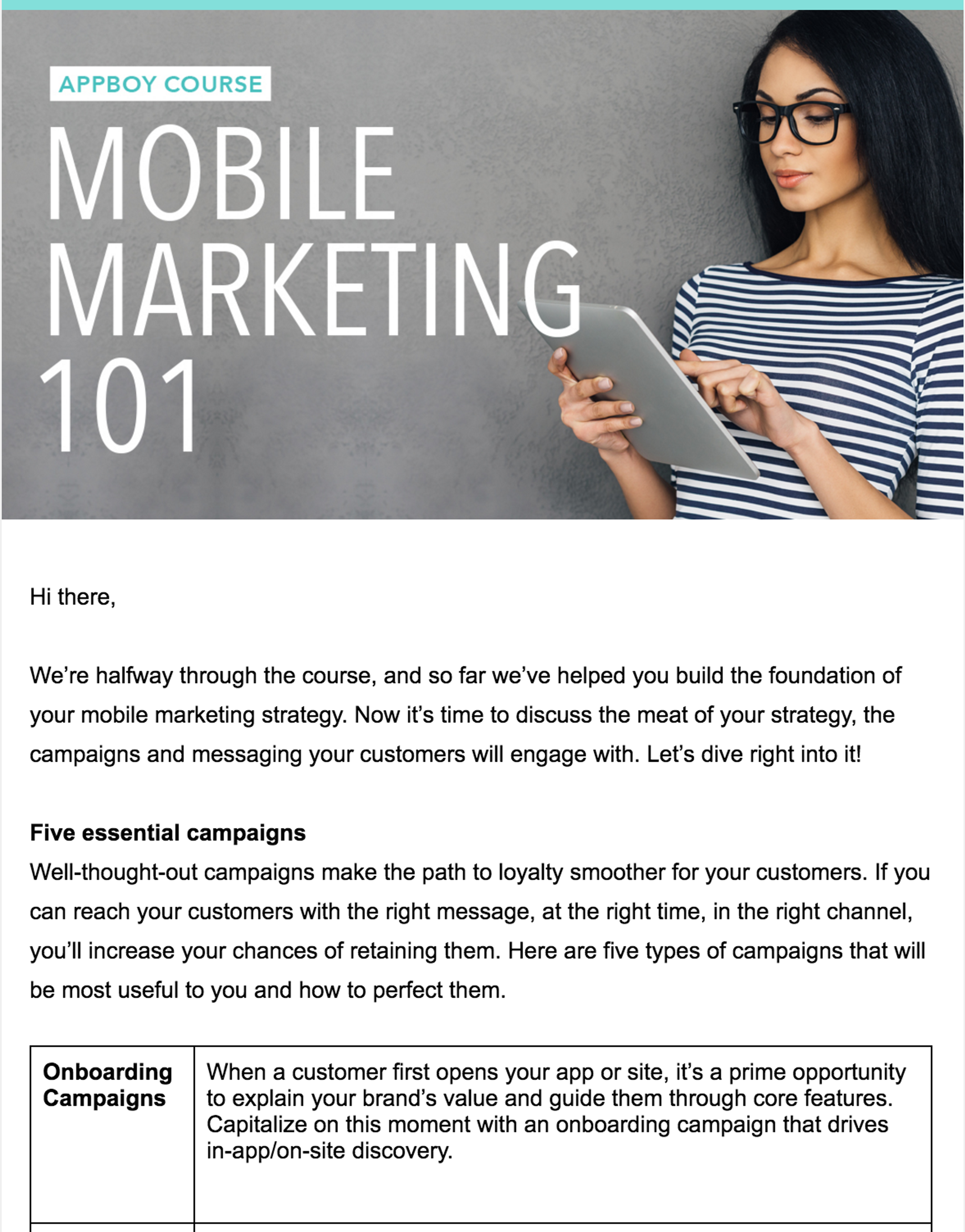 A promotional image for a mobile marketing course titled "Mobile Marketing 101," outlining five essential campaigns to enhance customer loyalty. The text emphasizes the importance of targeted messaging and onboarding campaigns.
