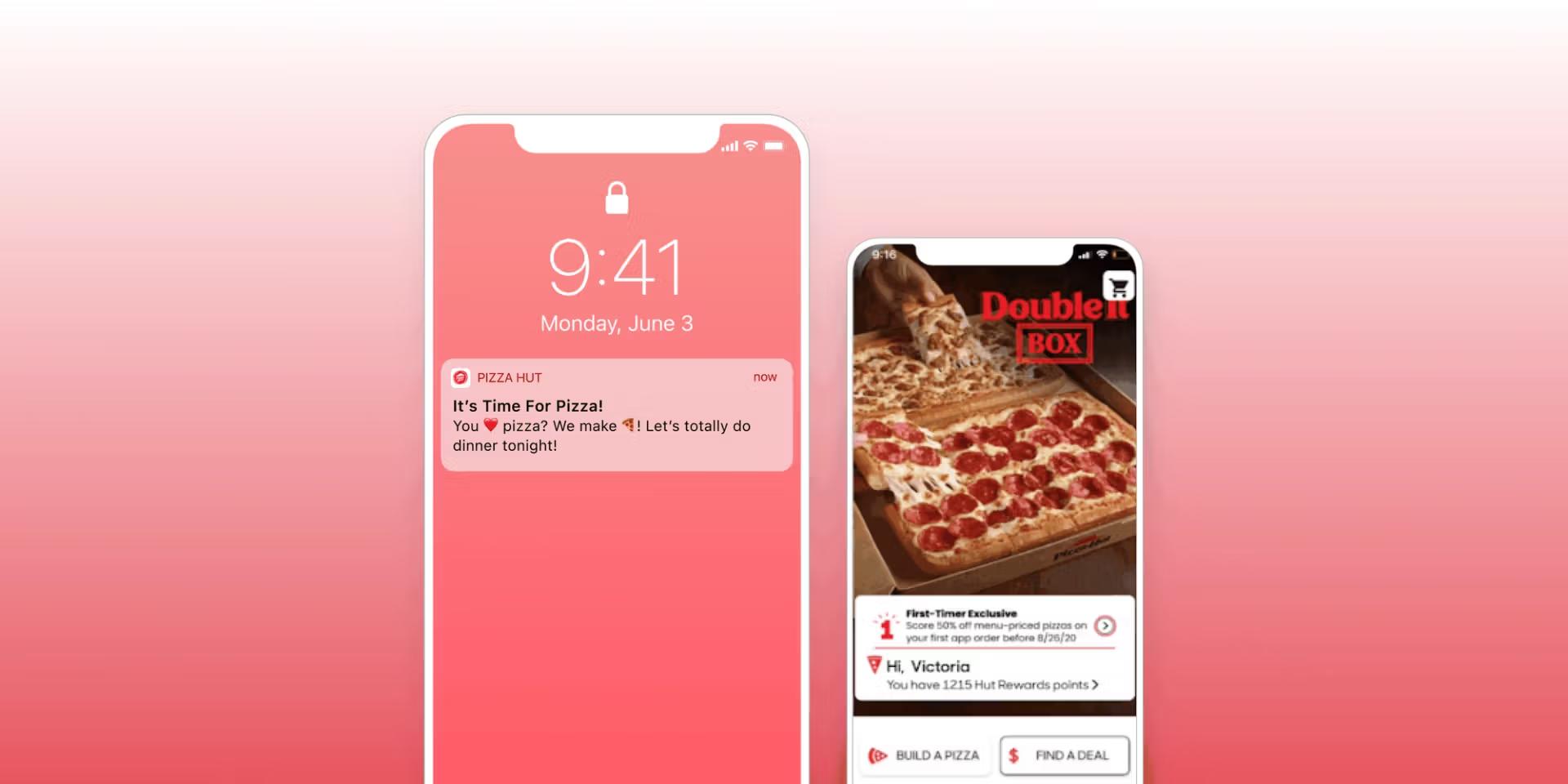 Deux smartphones sur fond rose montrent une notification Pizza Hut et l’application affichant une offre « Double Box » avec des pizzas.