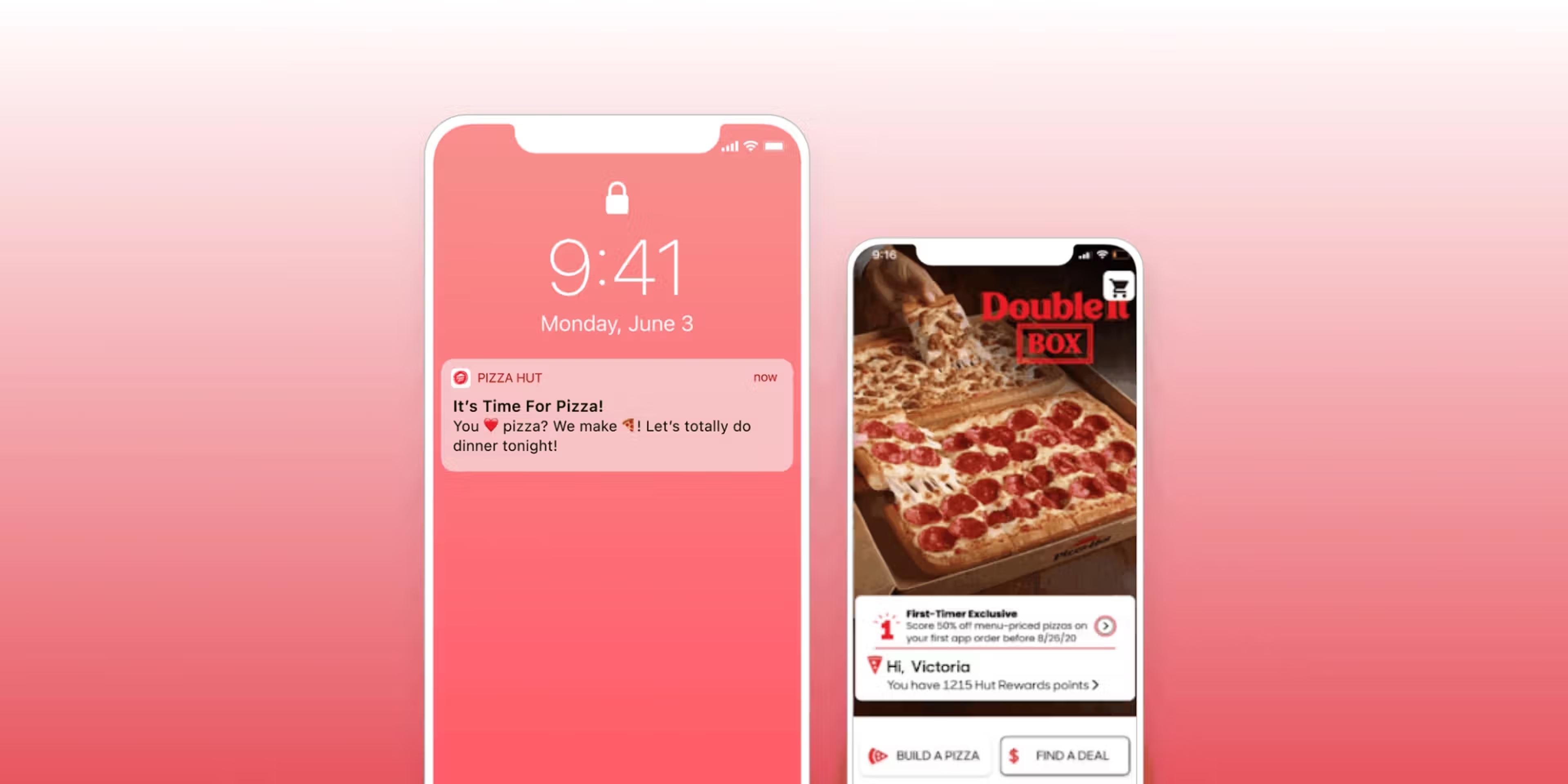 Deux smartphones sur fond rose montrent une notification Pizza Hut et l’application affichant une offre « Double Box » avec des pizzas.