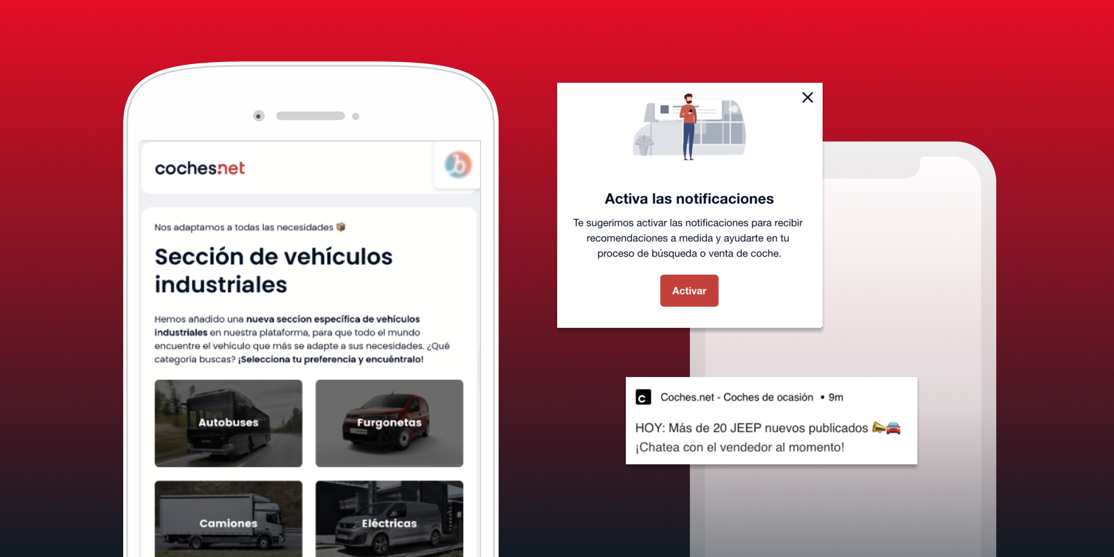 A mobile screen displaying a webpage for industrial vehicles with sections for buses and vans, alongside a notification prompt to activate alerts for new listings.