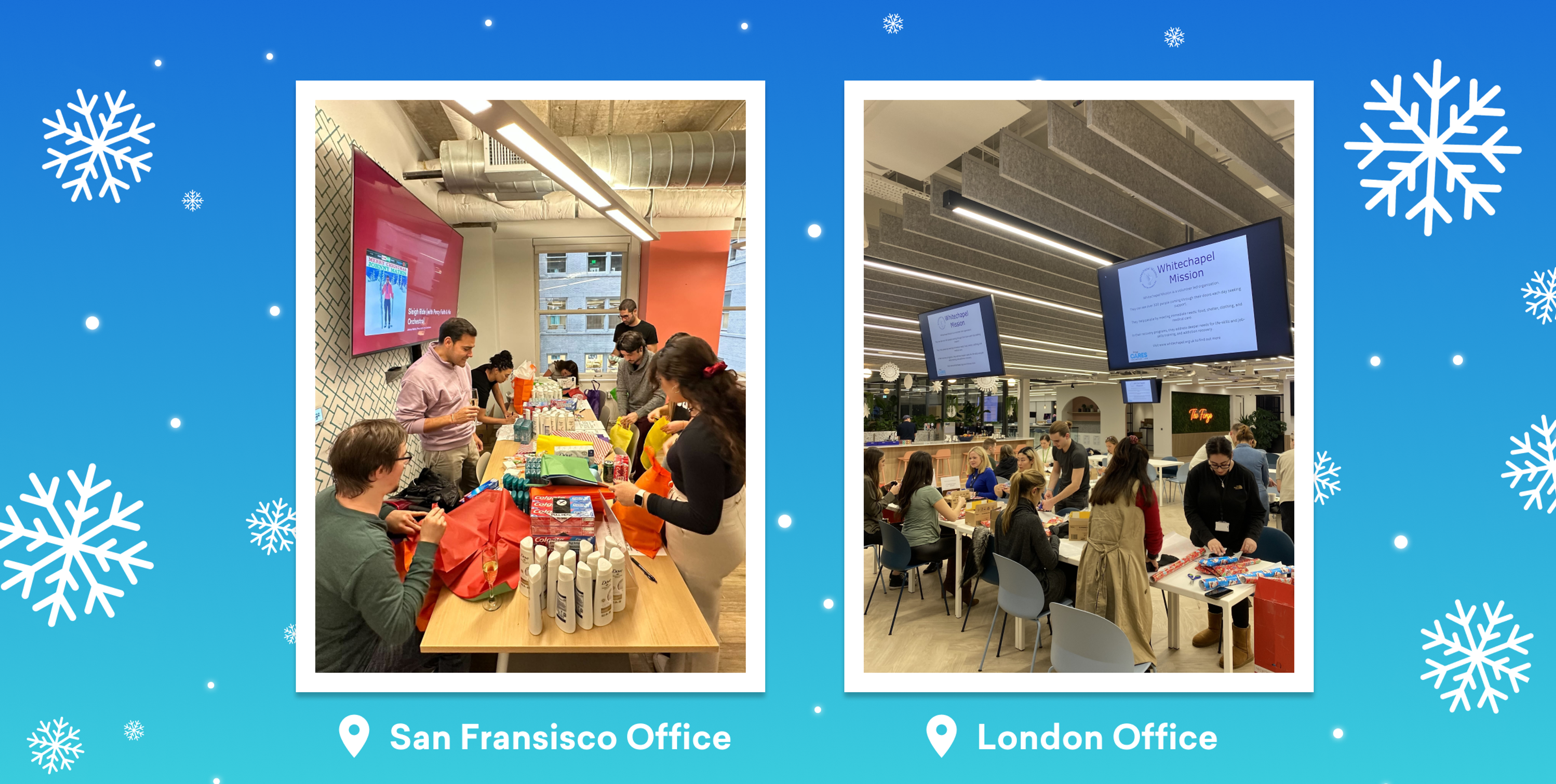 A collage showing two office holiday events: on the left, people in the San Francisco office are preparing gifts, and on the right, employees in the London office are gathered around tables with festive decorations.