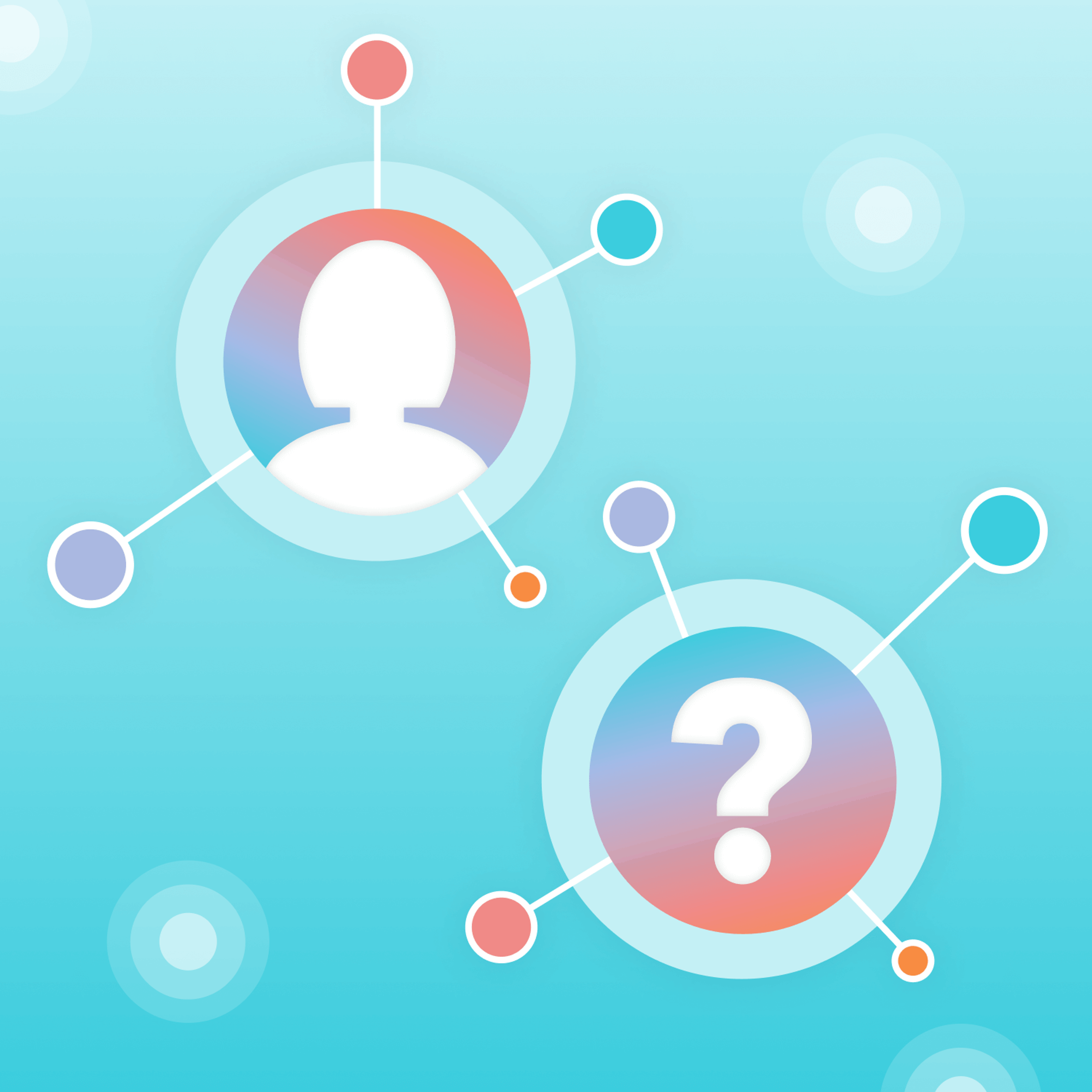 Person icon and question mark icon, depicted as nodes with radiating colored connections.