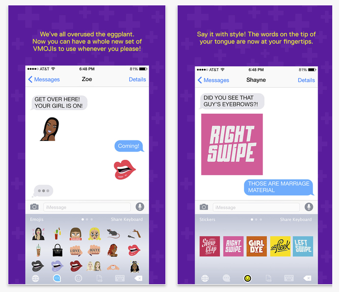 Two smartphone screens displaying text message conversations. The left screen features a message from Zoe with a cartoon character and emojis, while the right screen shows Shayne's response with bold text and emojis.