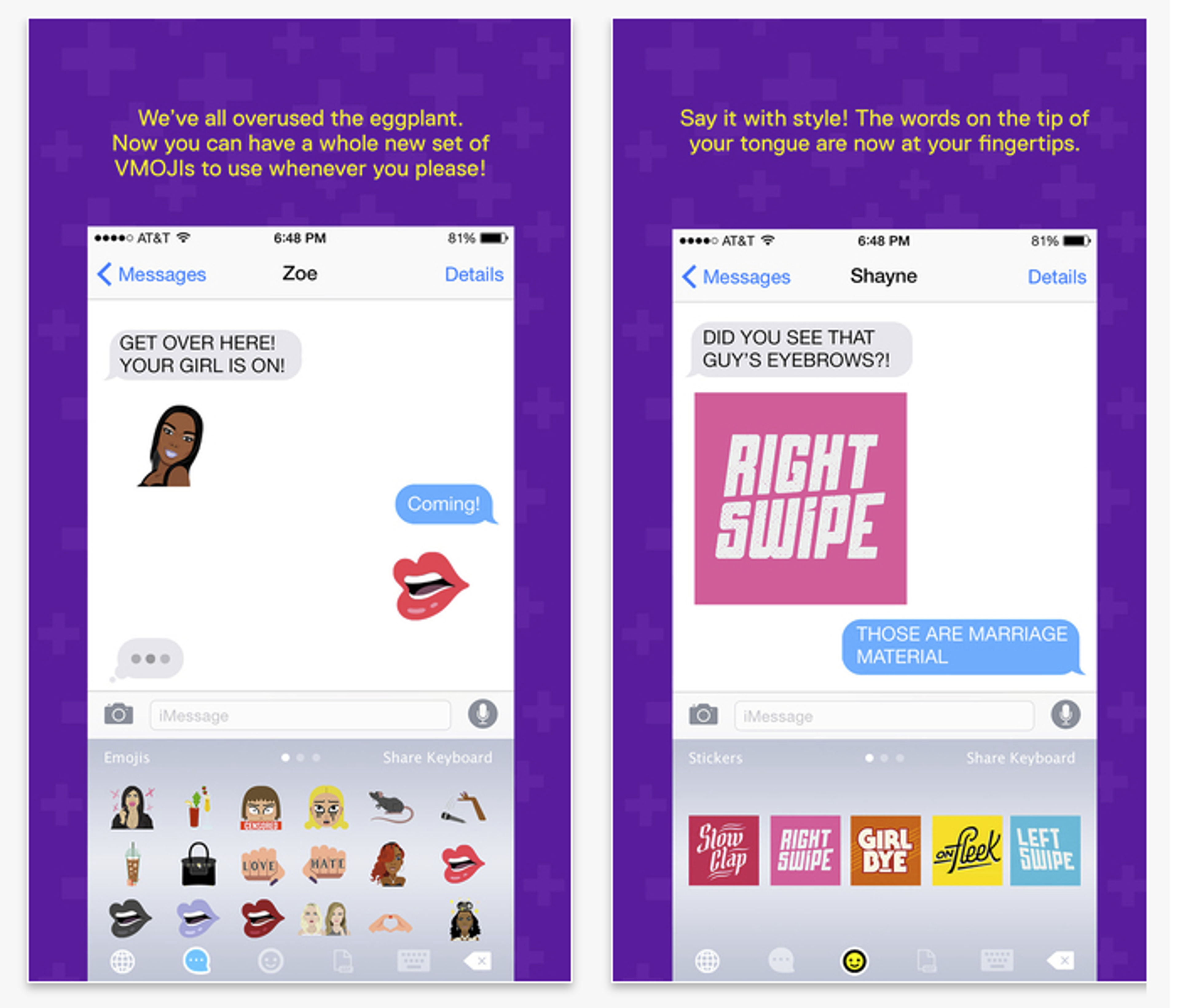 Two smartphone screens displaying text message conversations. The left screen features a message from Zoe with a cartoon character and emojis, while the right screen shows Shayne's response with bold text and emojis.