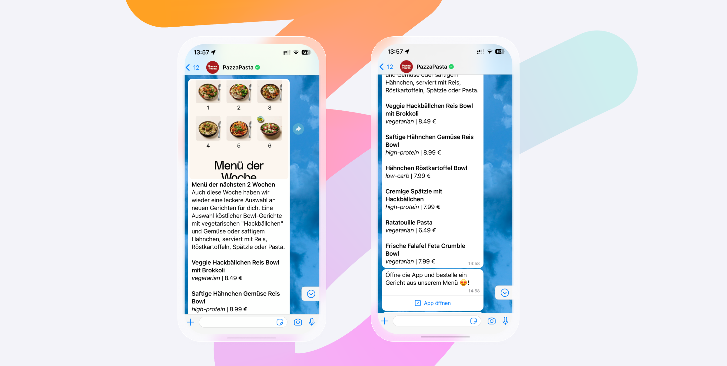 Two smartphones displaying a messaging app with a menu featuring various food items and descriptions. The background is colorful with abstract shapes.