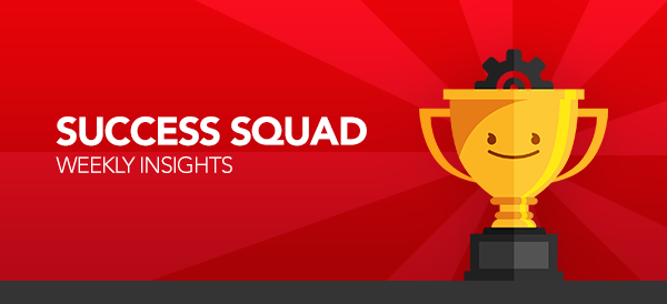 A smiling trophy with a gear on top, set against a red background with the text "Success Squad Weekly Insights.
