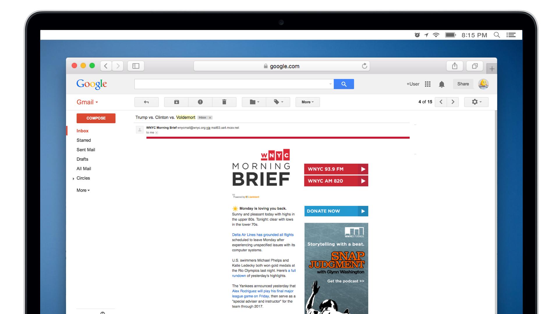 A computer screen displaying an open Gmail inbox with an email titled "Morning Brief" from WNYC. The interface includes navigation options and advertisements on the side.