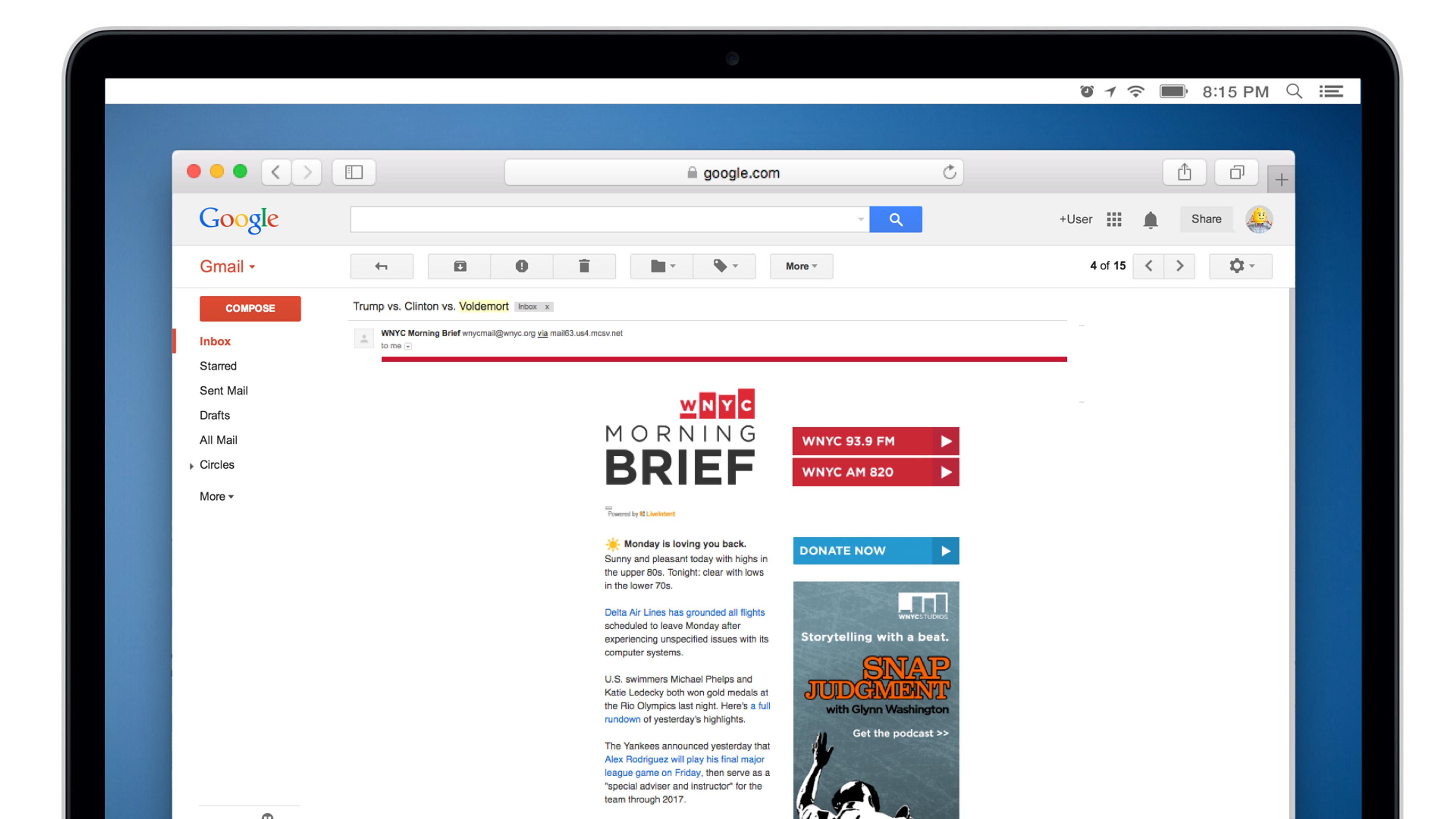 A computer screen displaying an open Gmail inbox with an email titled "Morning Brief" from WNYC. The interface includes navigation options and advertisements on the side.