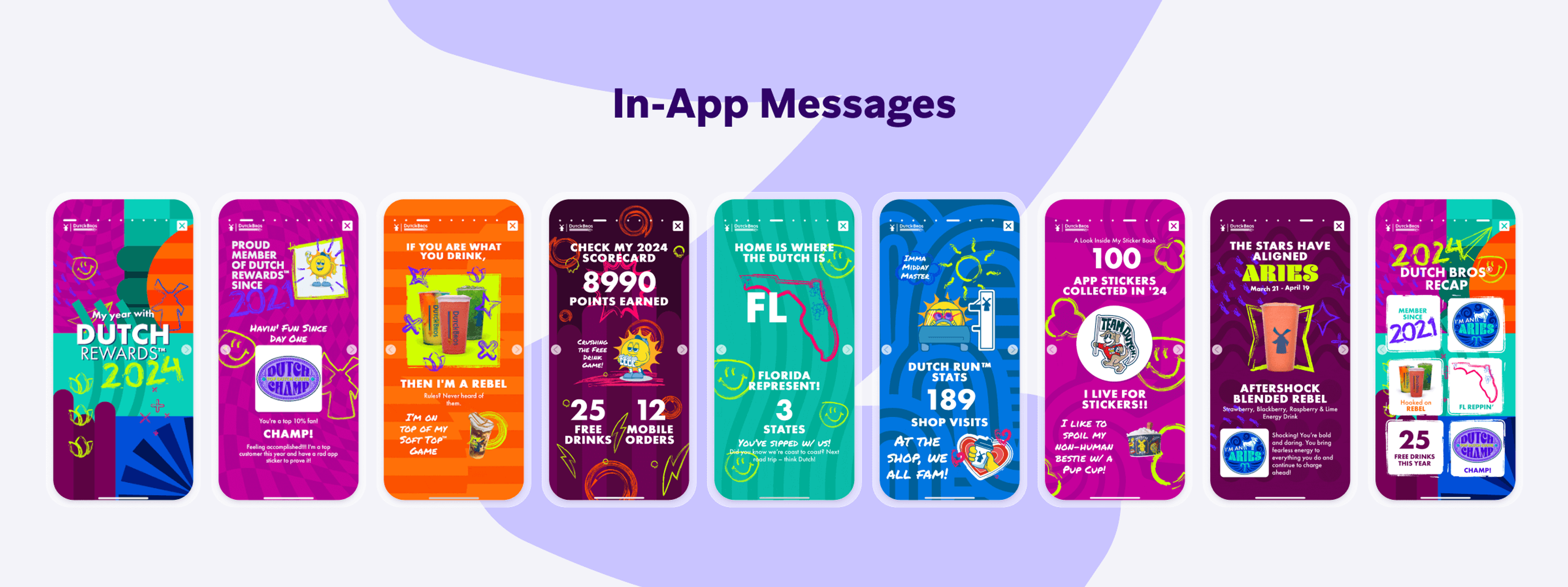 A collage of colorful smartphone screens displaying various in-app messages related to rewards, promotions, and user engagement for a brand. Each screen features different graphics and text highlighting offers and point collections.
